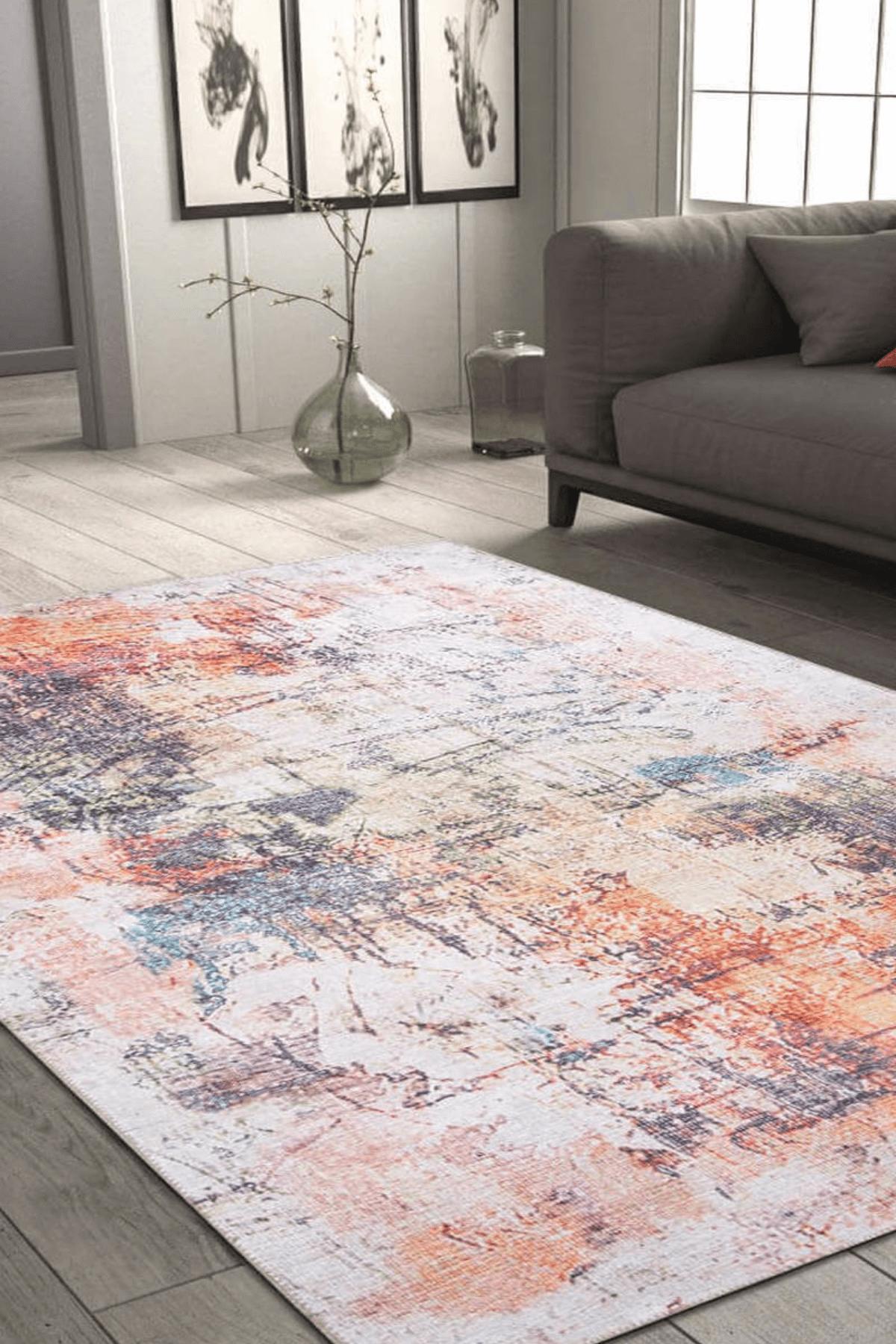 Artloop AL-262 Krem 4 mm Polyester Yıkanabilir İnce Kaymaz Jüt Taban Dikdörtgen Makine Dokuma Salon Halısı 50x80 cm