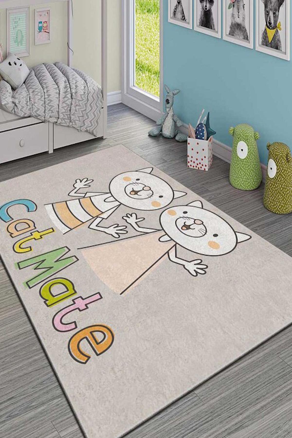 Homefesto Krem 5 mm Polyester Leke Tutmaz Yıkanabilir İnce Kaymaz Taban Yazılı Dikdörtgen Makine Dokuma Çocuk Odası Halısı 120x120 cm