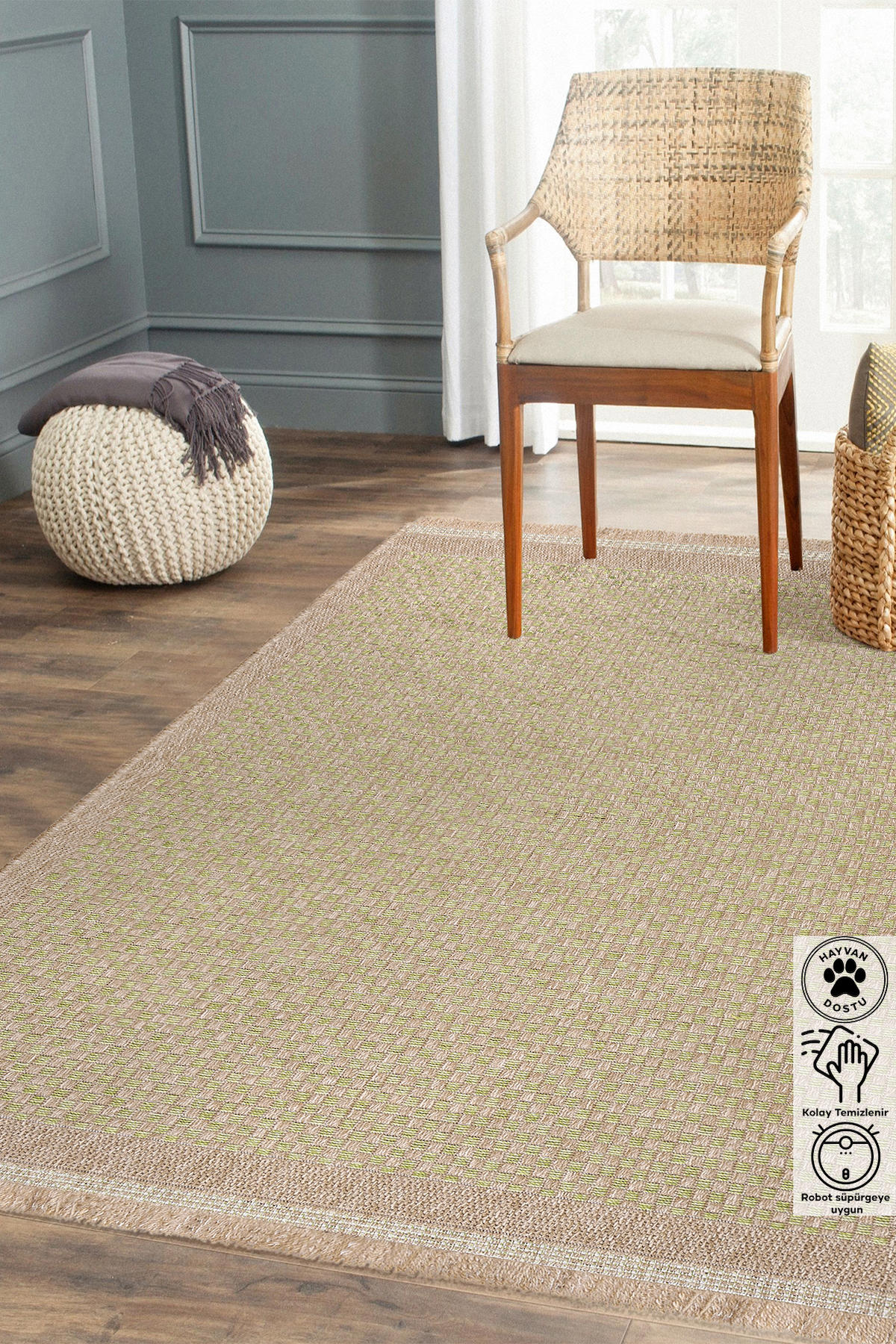 Inter Weaving Yeşil 0.8 mm Polipropilen Yıkanabilir İnce Kaymaz Jüt Taban Dikdörtgen Makine Dokuma Salon Halısı 80x500 cm