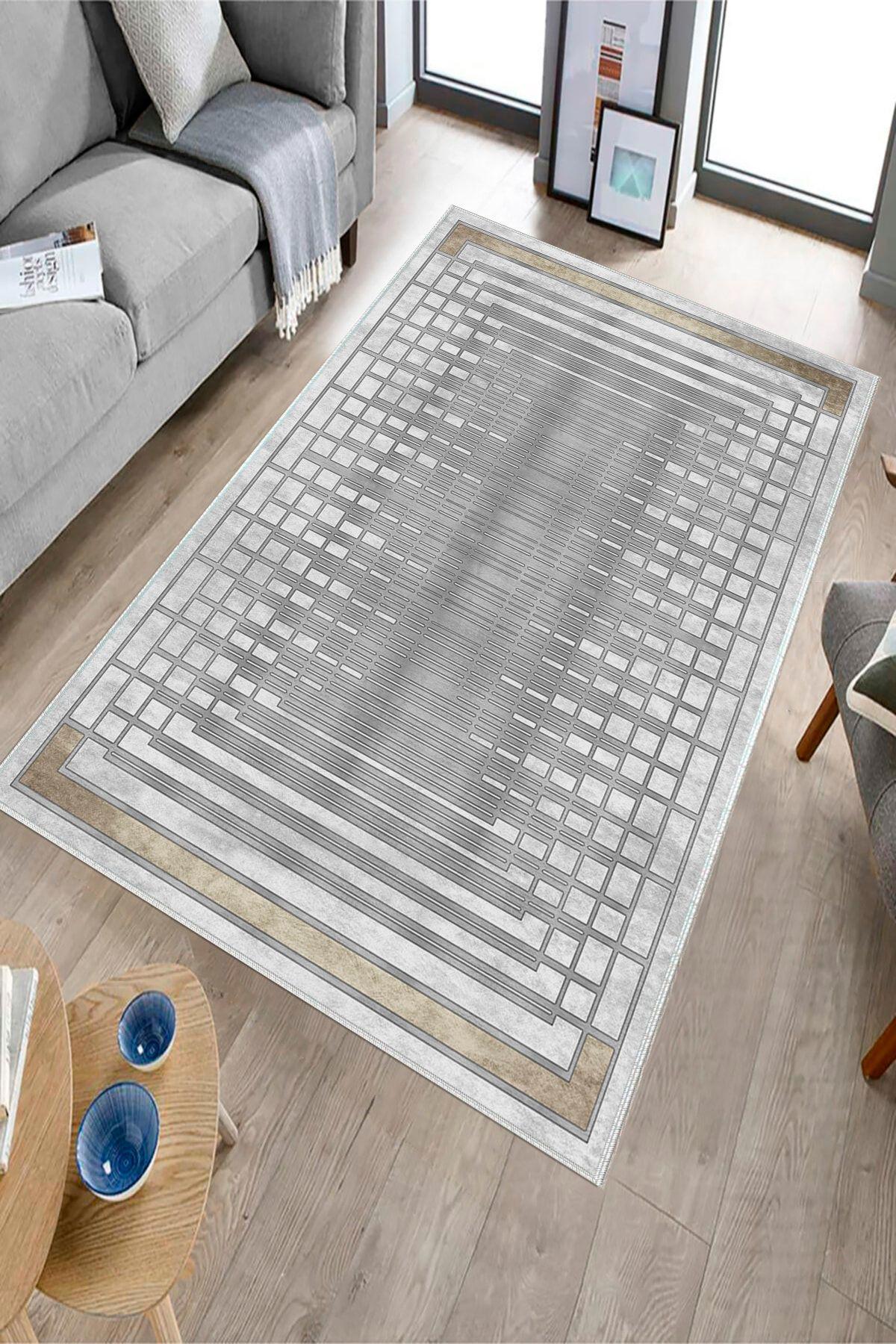 Aldora B1172 Gri 9 mm Deri Toz Tutmaz Yıkanabilir İnce Kaymaz Deri Taban Dikdörtgen Makine Dokuma Salon Halısı 100x200 cm