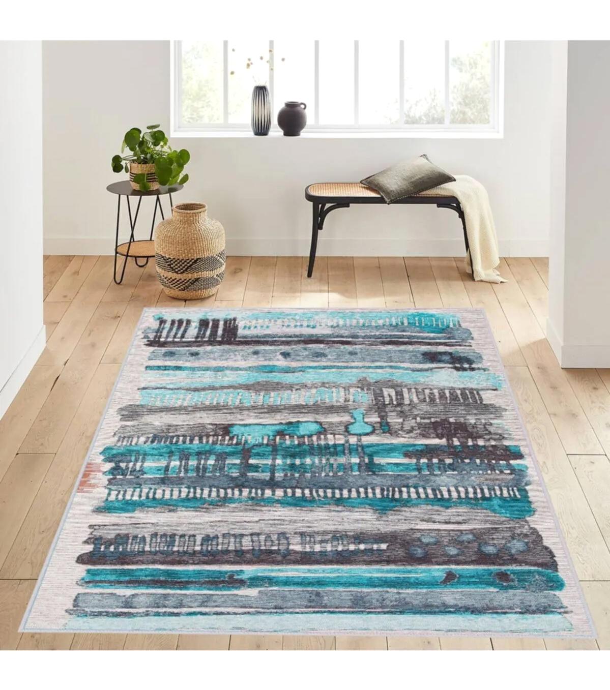 Rovigo Home RVG1220 Bej - Mavi 8 mm Polyester Leke Tutmaz-Toz Tutmaz Yıkanabilir İnce Kaymaz Dot Taban Dikdörtgen Makine Dokuma Salon Halısı 160x230 cm
