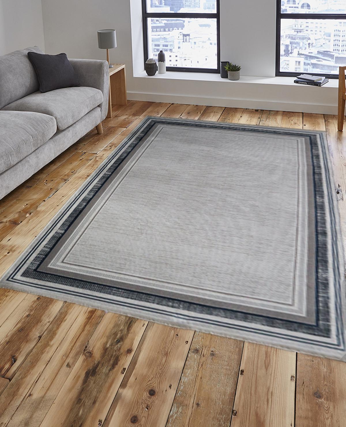 İpek Mekik Halı Gordion Gri-Mavi 7 mm Polyester Yıkanabilir Orta Kaymaz Pamuk Taban Dikdörtgen Makine Dokuma Antre-Çocuk Odası-Salon-Yatak Odası Halısı 200x300 cm