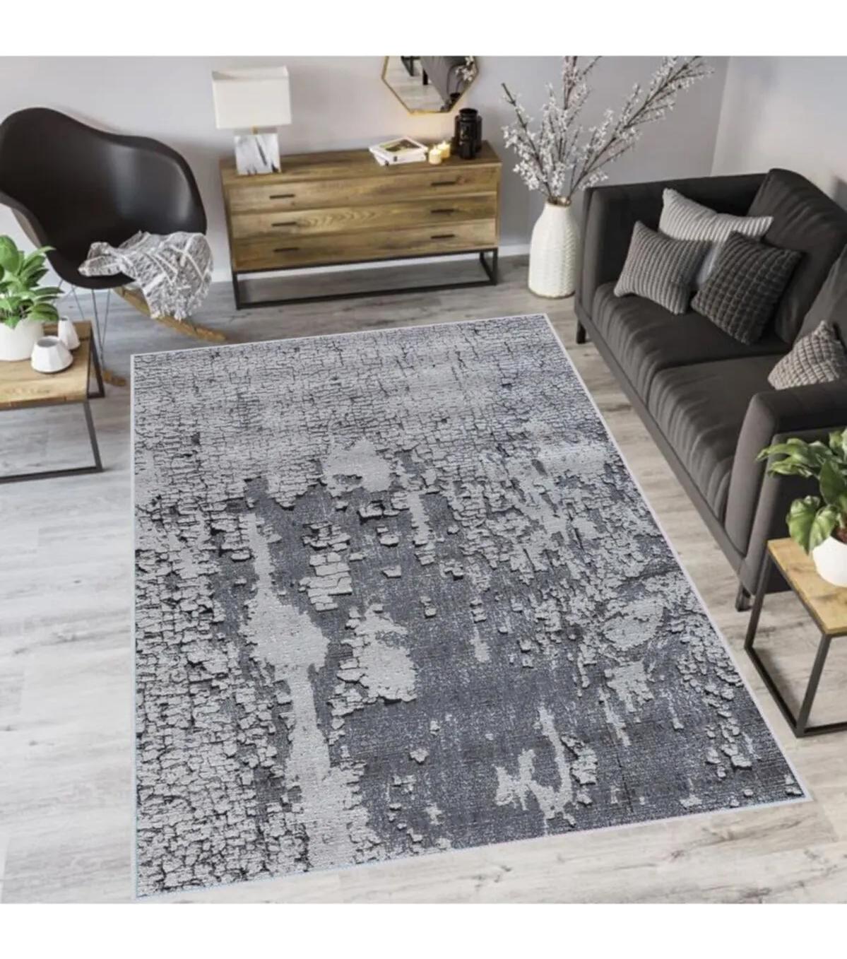 Rovigo Home RVG1271 Gri 8 mm Polyester Leke Tutmaz-Toz Tutmaz Yıkanabilir İnce Kaymaz Dot Taban Dikdörtgen Makine Dokuma Salon Halısı 120x200 cm