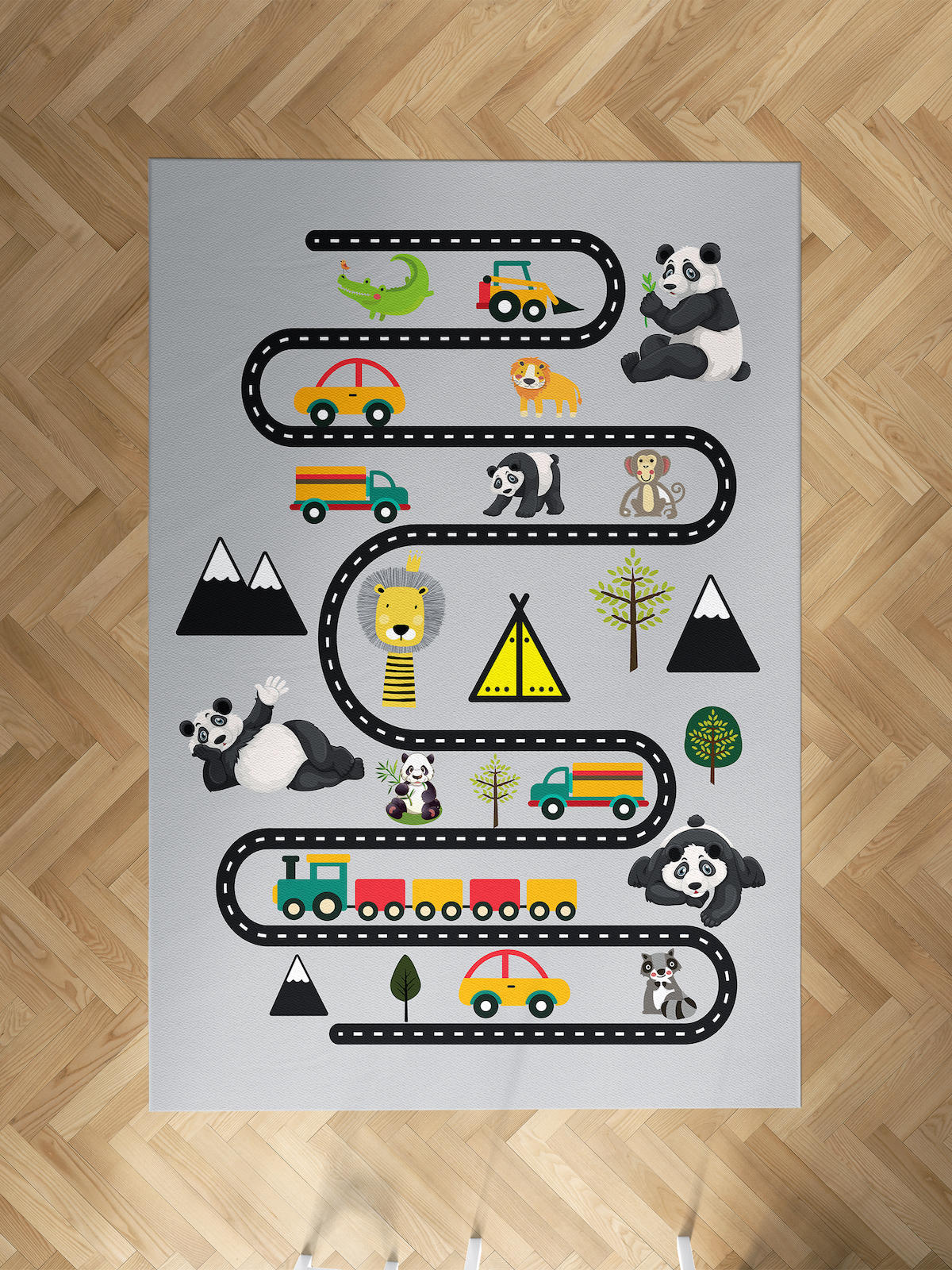 Mekta Home Araba-Panda-Yol Krem 10 mm Antibakteriyel Yıkanabilir İnce Kaymaz Dot Taban Dikdörtgen Makine Dokuma Çocuk Odası Halısı 80x550 cm