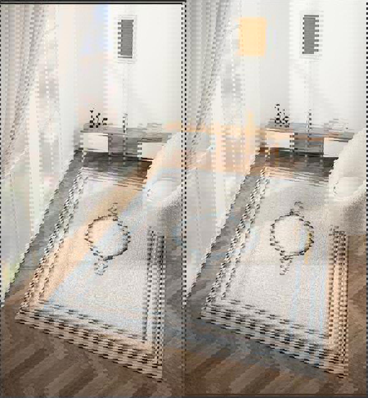 Çam Halı Crown FL001M Krem Lacivert 12 mm Akrilik Yıkanabilir Orta Dikdörtgen Makine Dokuma Salon Halısı 120x180 cm