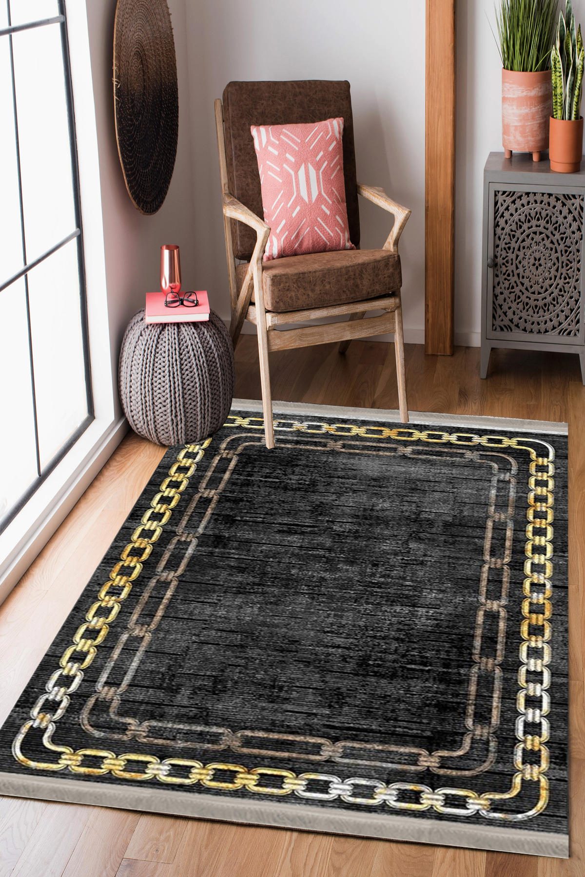 Homier Collection H-KS-3090A Altın-Siyah 7 mm Pamuk Antibakteriyel Yıkanabilir Orta Kaymaz Dot Taban Dikdörtgen Makine Dokuma Salon Halısı 100x160 cm