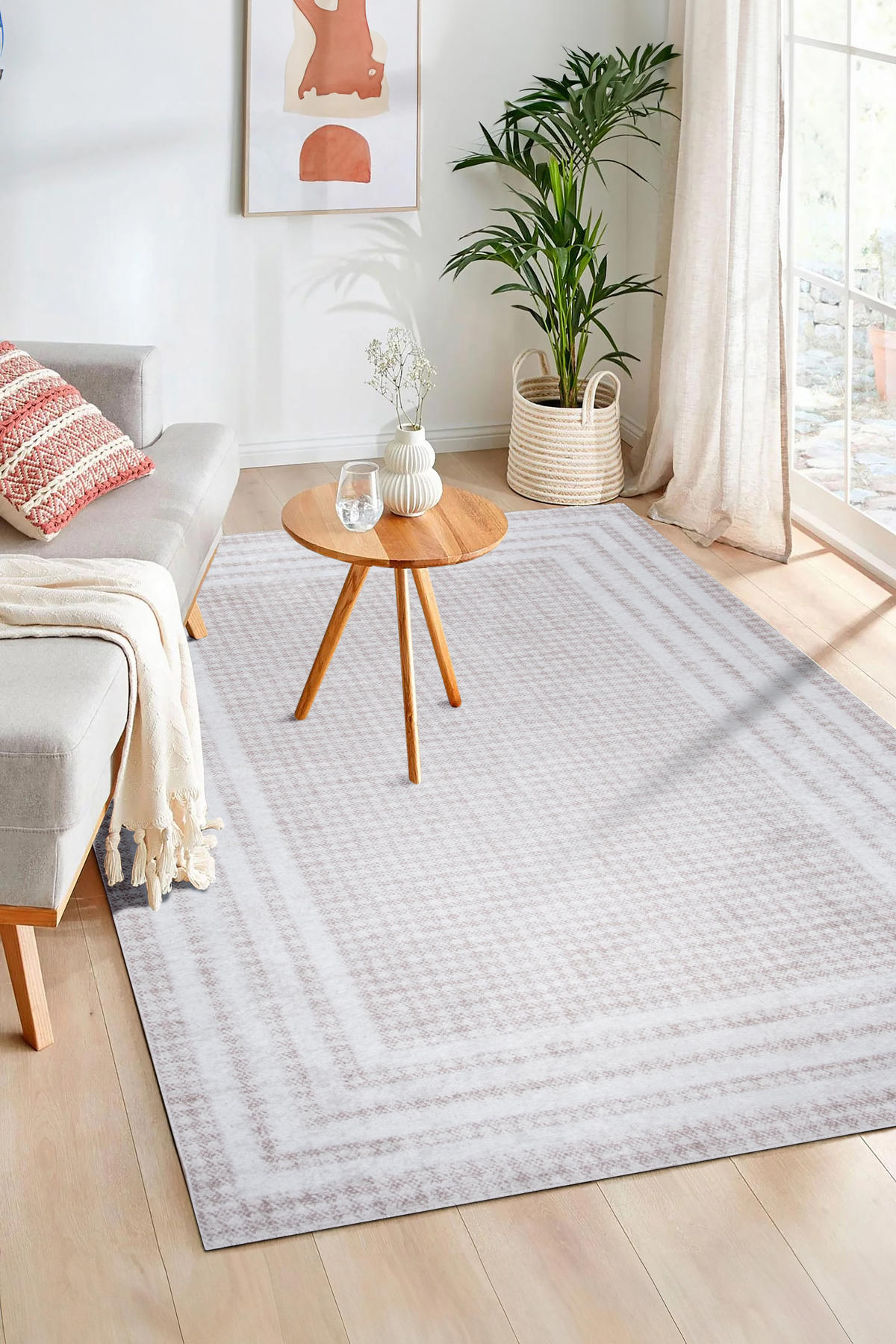 Valery Home 42710 Krem 12 mm Polipropilen Yıkanabilir Orta Kaymaz Dot Taban Dikdörtgen Makine Dokuma Salon Halısı 120x200 cm