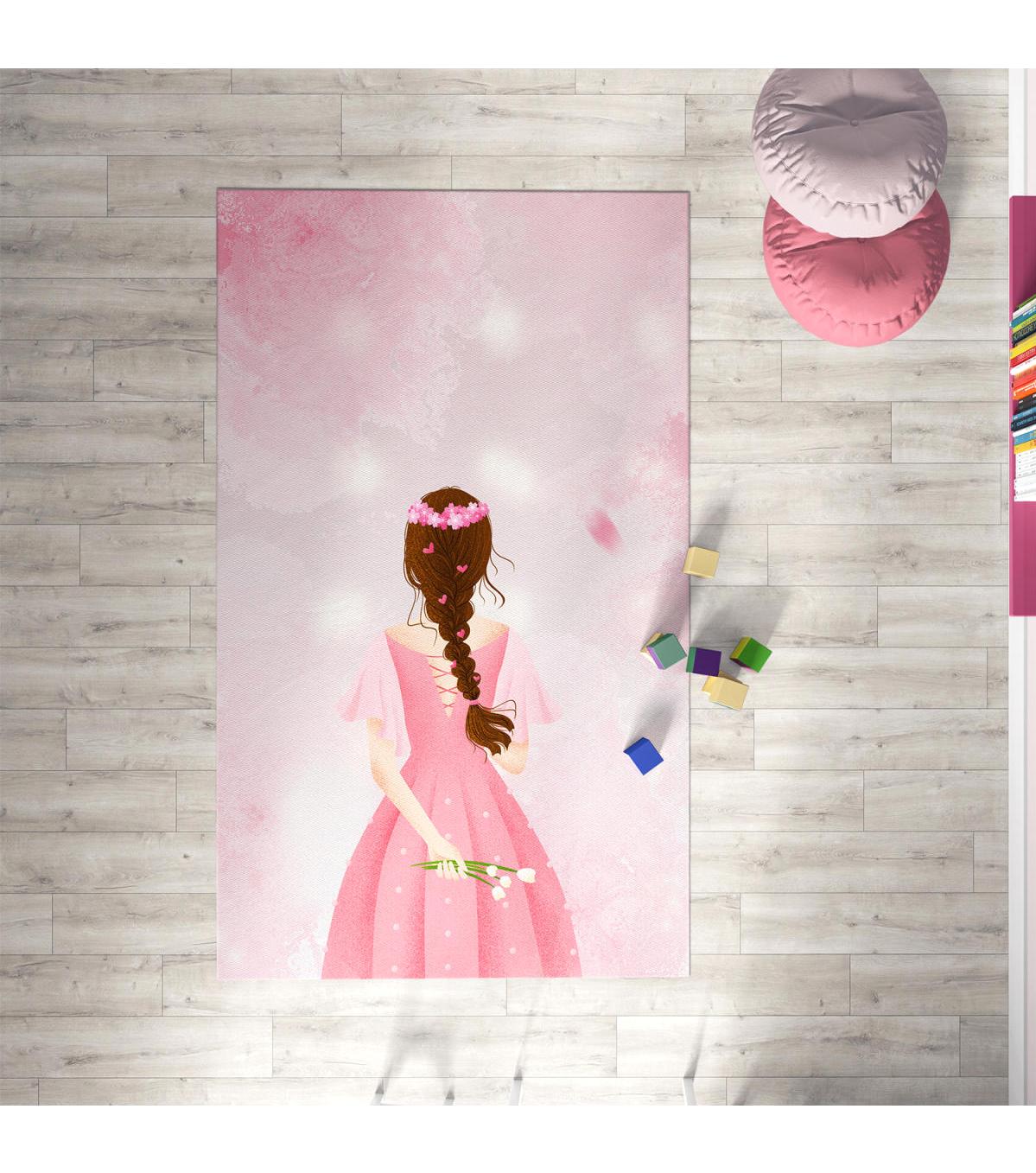 Chiron Baby Ceritti CRTT069 Pembe 5 mm Pamuk-Polyester Antialerjenik Yıkanabilir İnce Kaymaz Taban Figürlü Dikdörtgen Makine Dokuma Çocuk Odası Halısı 100x200 cm