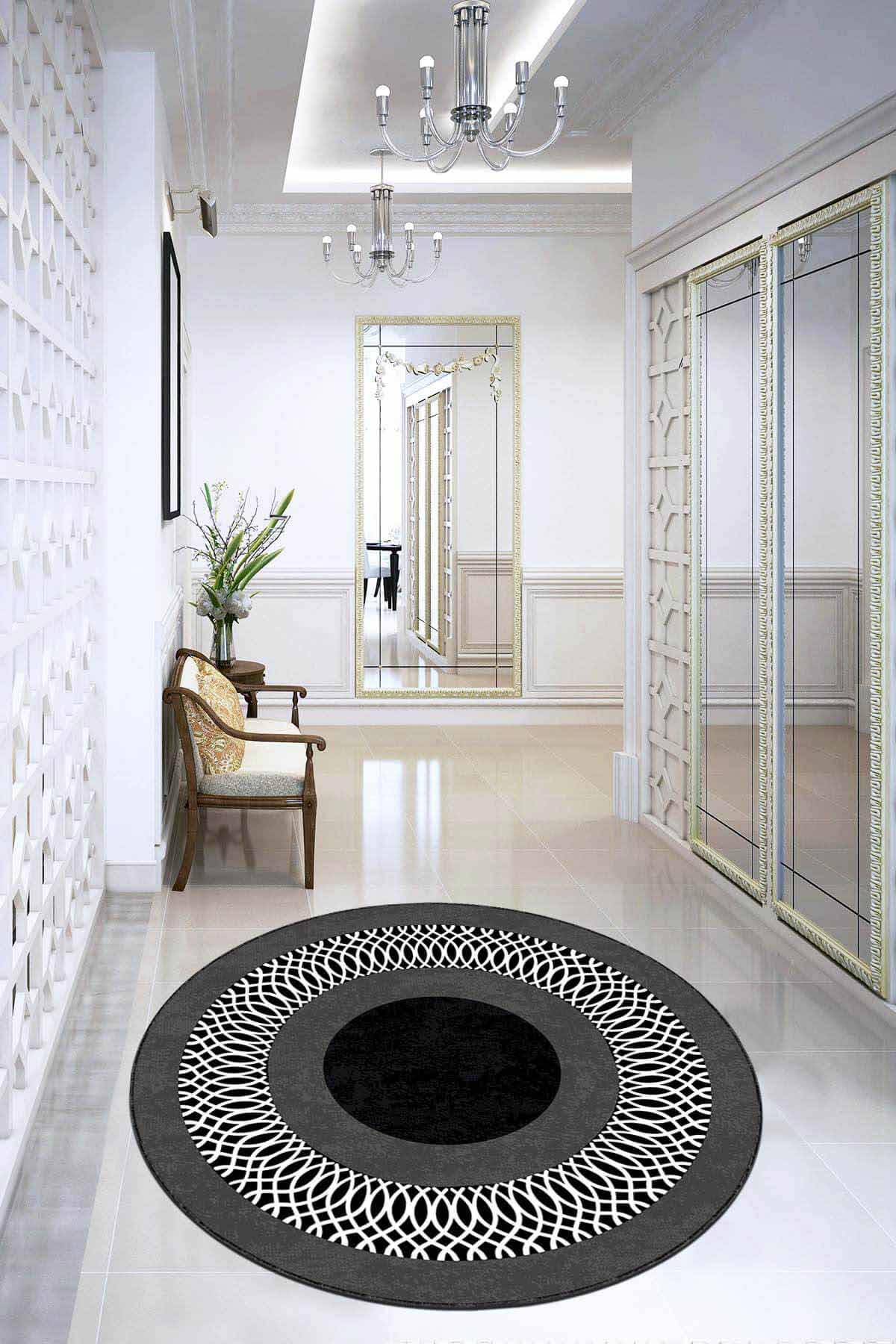 Viva Home AR946 Siyah 7 mm Mikropolyester Antibakteriyel Yıkanabilir Kalın Kaymaz Lateks Taban Yuvarlak Makine Dokuma Salon Halısı 100x200 cm