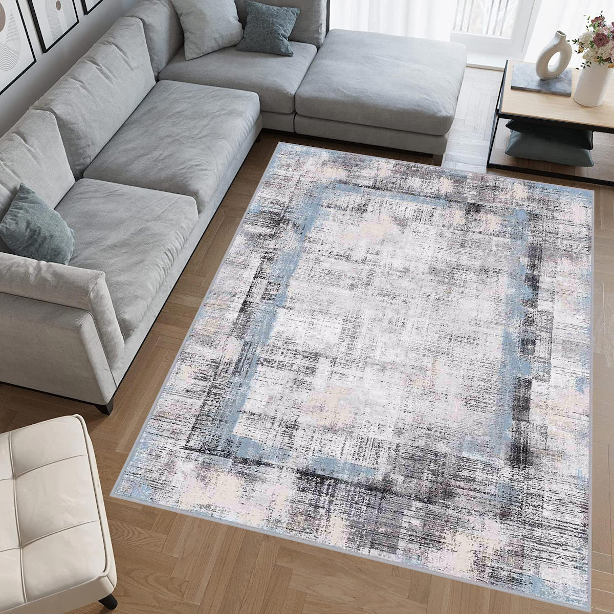 Rovigo Home RVG0698 Gri 8 mm Polyester Antibakteriyel-Leke Tutmaz-Toz Tutmaz Yıkanabilir İnce Kaymaz Dot Taban Dikdörtgen Makine Dokuma Salon Halısı 120x300 cm