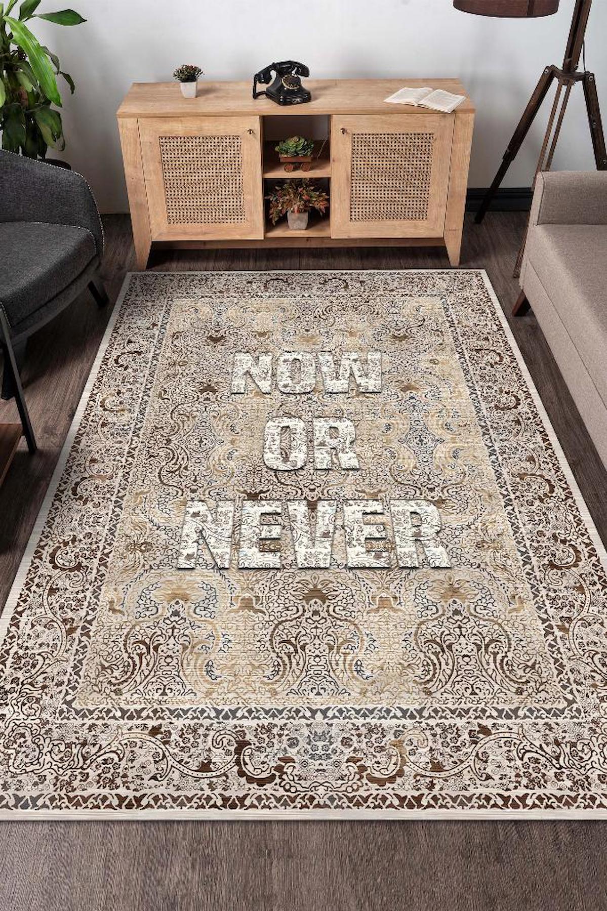 Homshtag Şimdi Yada Asla Krem 4 mm Pamuk Antistatik Yıkanabilir İnce Kaymaz Dikdörtgen Makine Dokuma Salon Halısı 160x230 cm