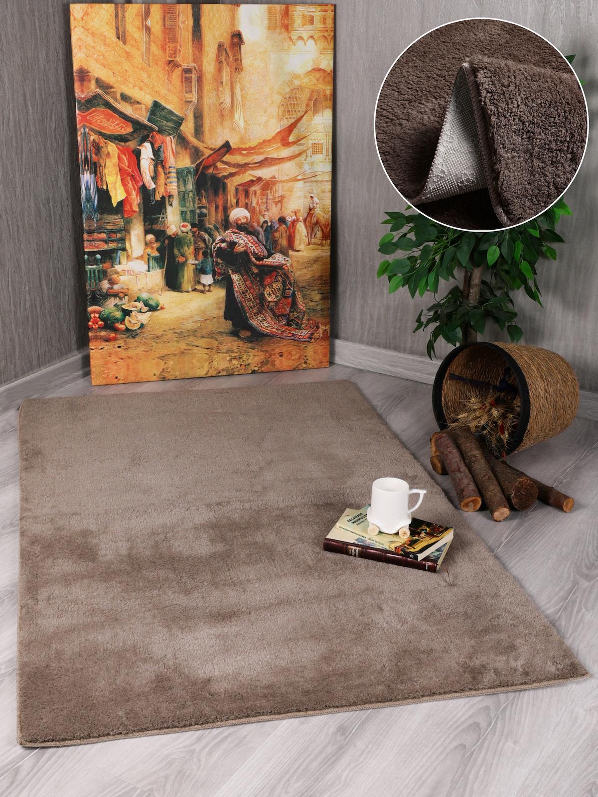 My Evilla Kahverengi 20 mm Pamuk Yıkanabilir Kalın Kaymaz Dikdörtgen Makine Dokuma Salon Halısı 80x500 cm