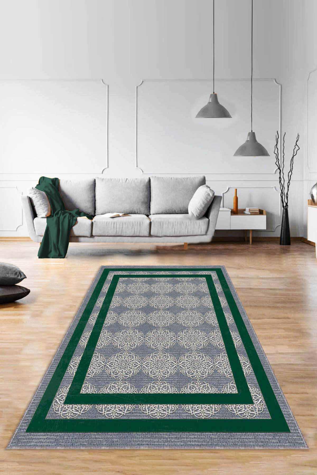 Viva Home RV088 Yeşil 7 mm Mikropolyester Yalıtıma Yardımcı Yıkanabilir İnce Kaymaz Taban Dikdörtgen Makine Dokuma Antre-Salon-Yatak Odası Halısı 100x150 cm