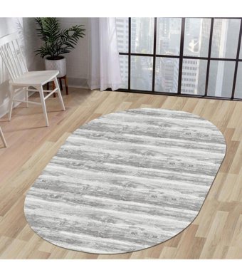 Dijidekor KY7056 Gri 6 mm Polyester Yıkanabilir Orta Kaymaz Dot Taban Oval Makine Dokuma Salon Halısı 100x200 cm