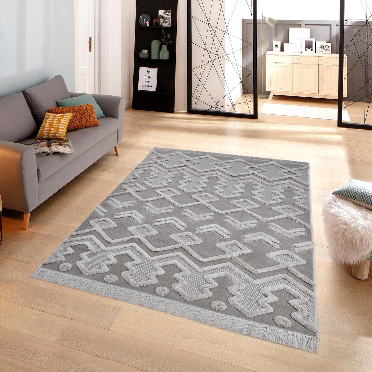 Giza Home Madu 1184 Vizon 20 mm Polyester Antibakteriyel Yıkanabilir Kalın Kaymaz Geometrik Dikdörtgen Makine Dokuma Oturma Odası-Salon Halısı 80x150 cm