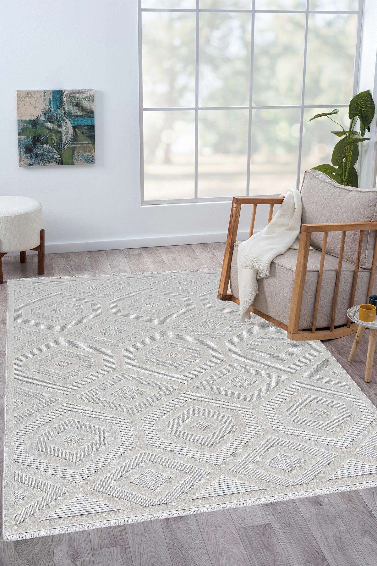Şehrazat Home 11404 Bej Pamuk Yıkanabilir İnce Kaymaz Jüt Taban Dikdörtgen Makine Dokuma Salon Halısı 250x350 cm