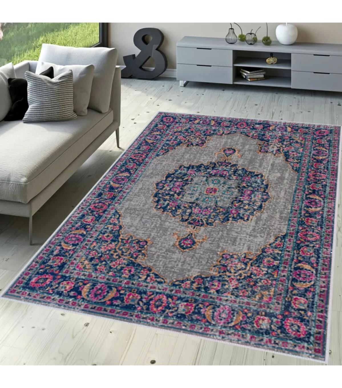 Rovigo Home RVG1642-HT753 Çok Renkli 8 mm Polyester Antibakteriyel-Leke Tutmaz-Toz Tutmaz Yıkanabilir İnce Kaymaz Dot Taban Dikdörtgen Makine Dokuma Salon Halısı 200x300 cm
