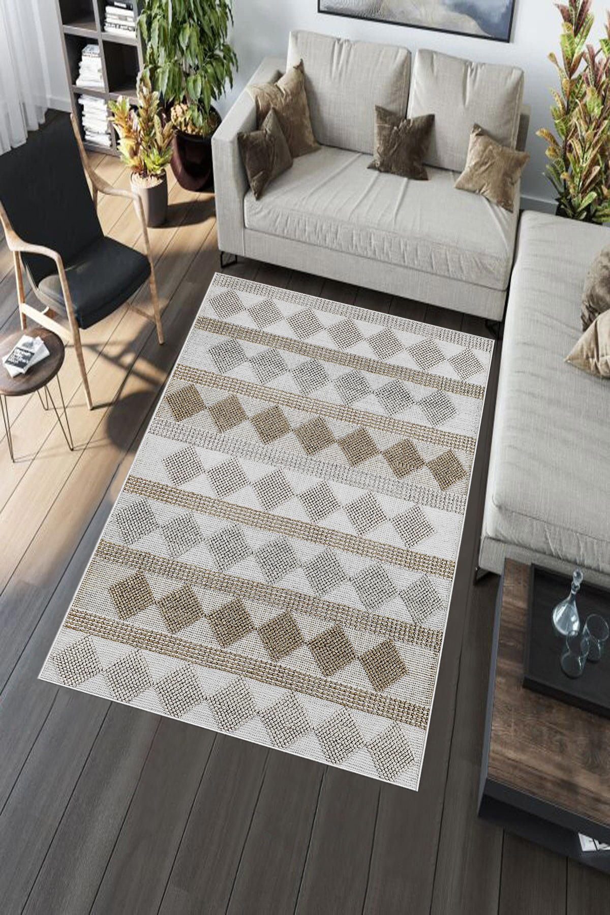 Aldora Gri-Siyah 0.8 mm Polipropilen Yıkanabilir Orta Kaymaz Deri Taban Dikdörtgen Makine Dokuma Salon Halısı 200x300 cm