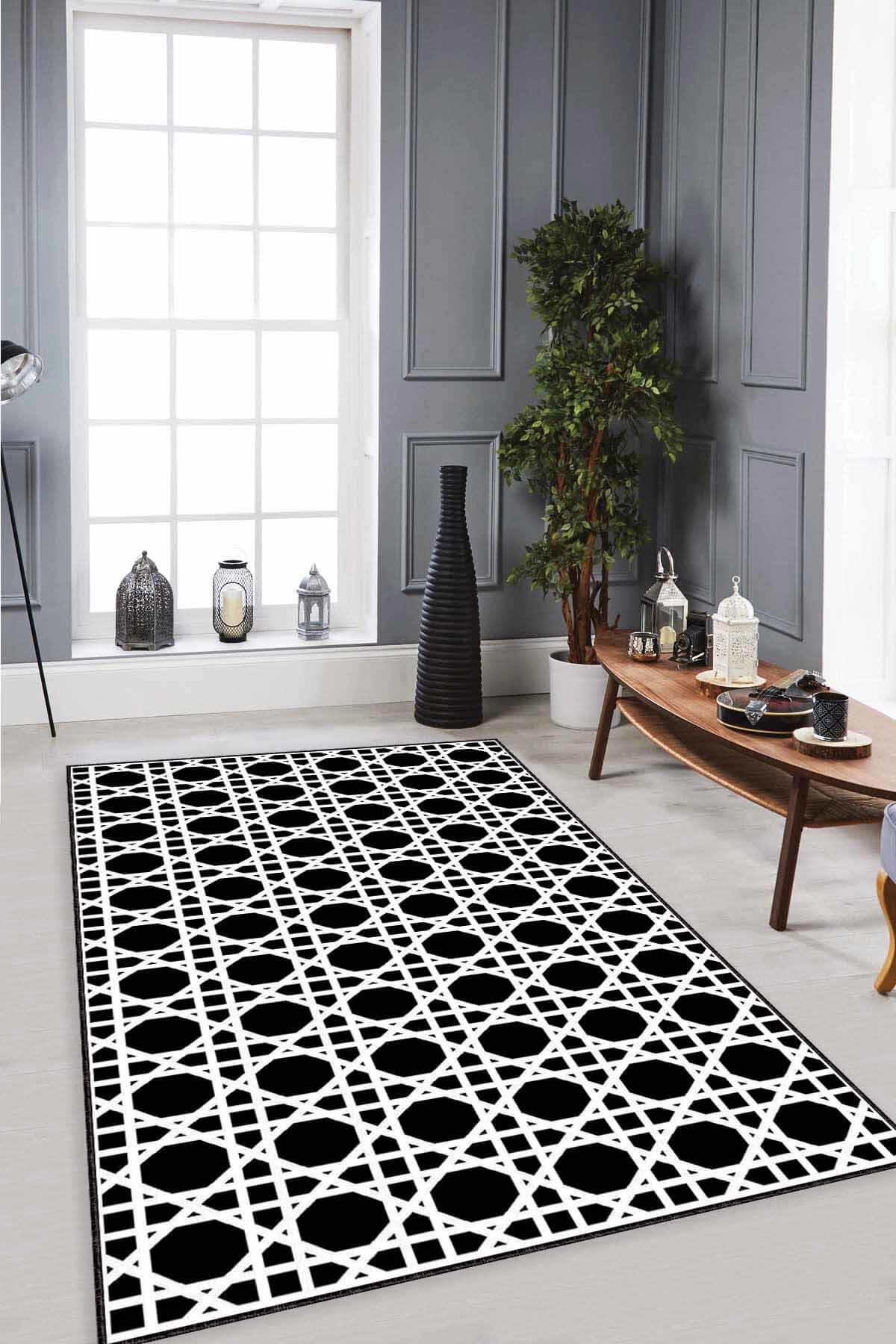 Viva Home LB005 Siyah 7 mm Mikropolyester Antibakteriyel Yıkanabilir İnce Kaymaz Lateks Taban Dikdörtgen Makine Dokuma Salon Halısı 100x300 cm