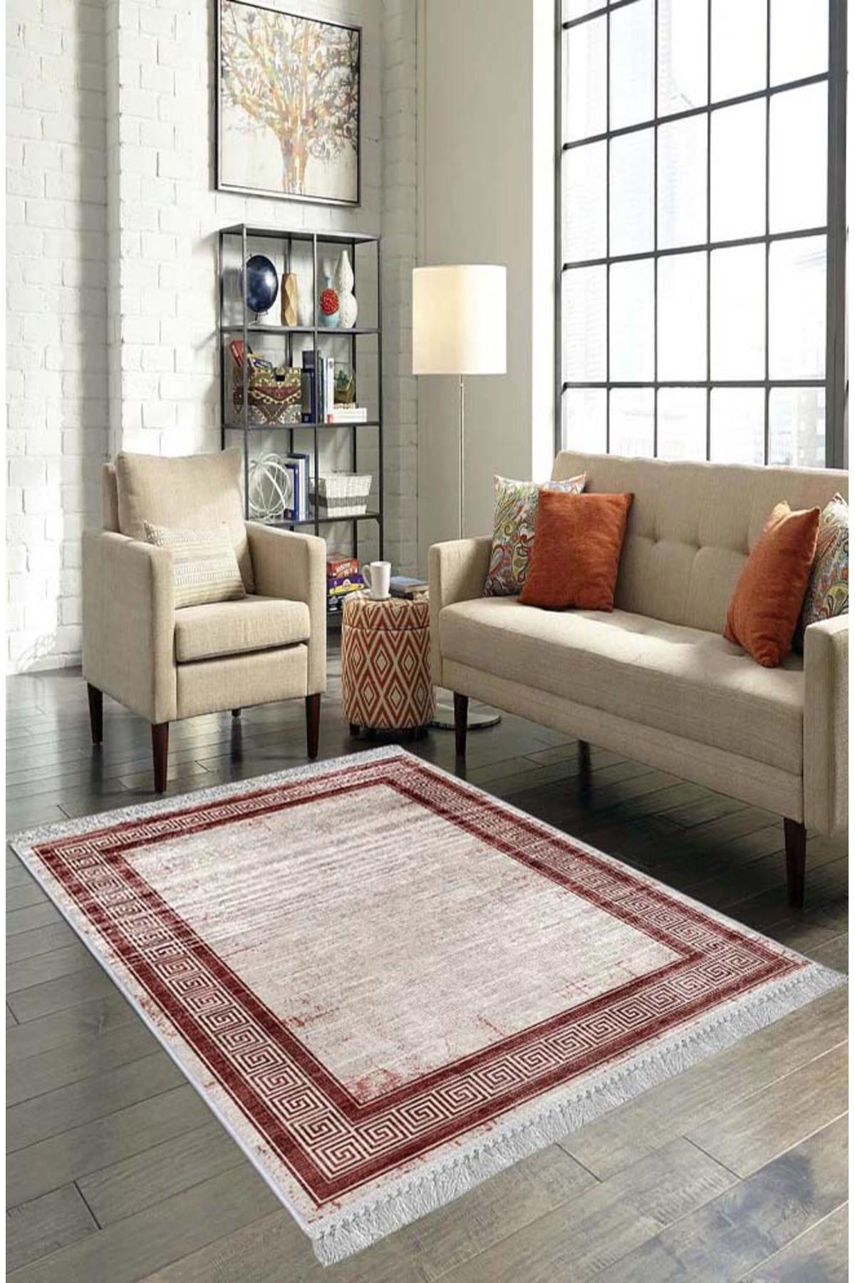 Artizon ART006 Bordo 0.8 mm Polyester Toz Tutmaz Yıkanabilir İnce Kaymaz Dot Taban Dikdörtgen Makine Dokuma Salon Halısı 200x290 cm