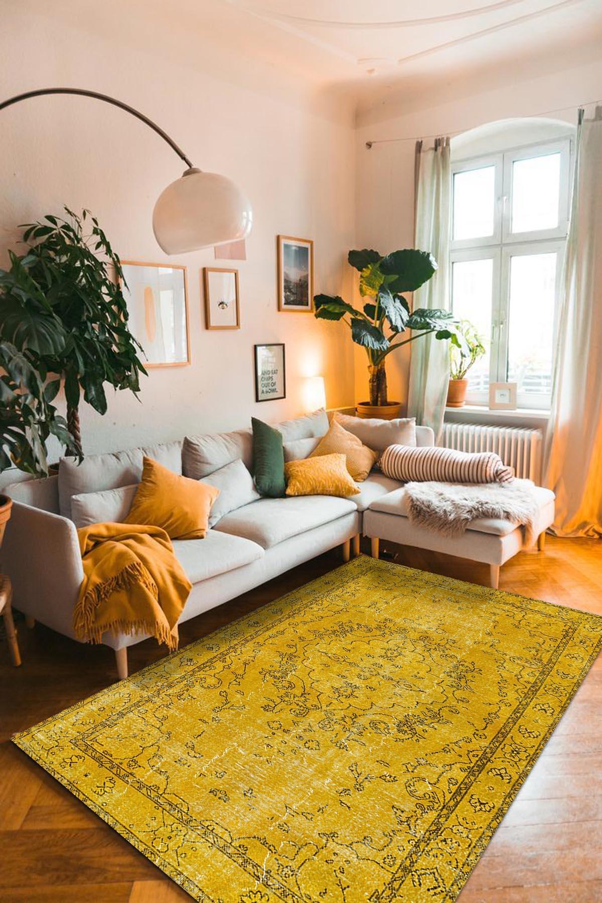 Aida Home Giallo Krem 0.5 mm Pamuk Antibakteriyel Yıkanabilir Kaymaz Dikdörtgen Makine Dokuma Salon Halısı 200x290 cm