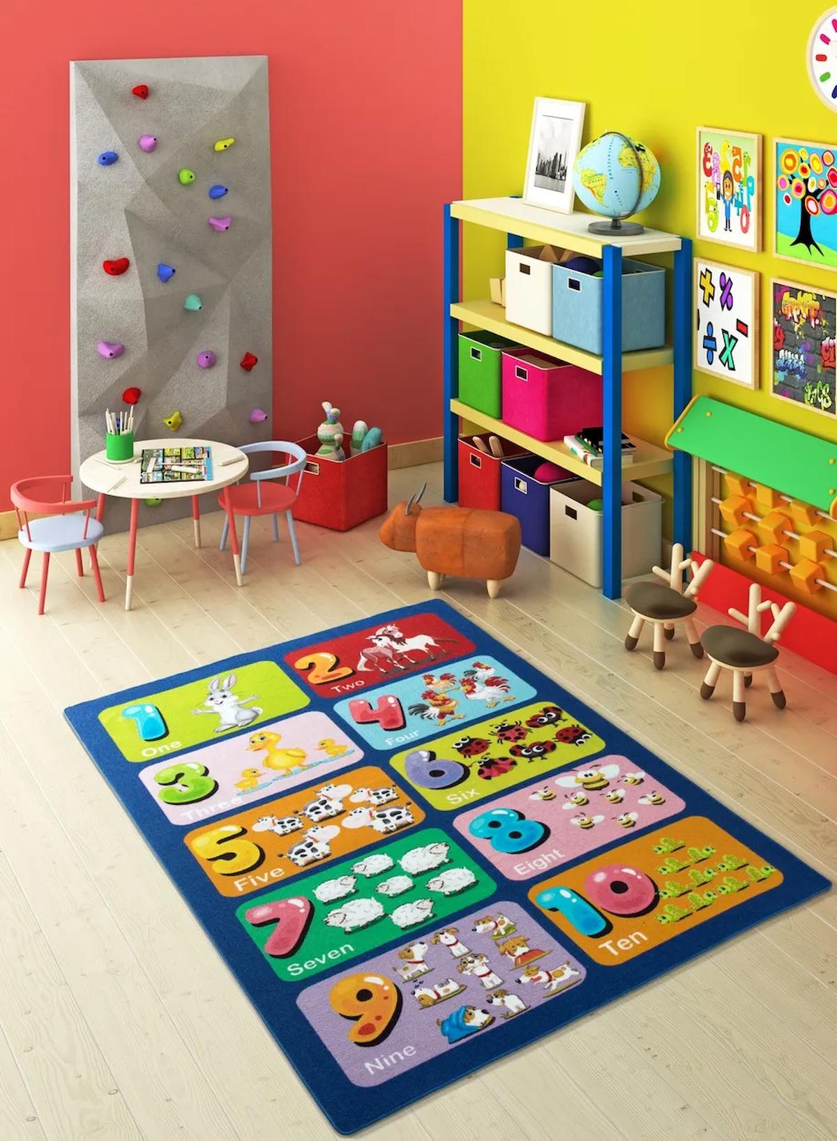 Confetti Top Ten Mavi 5-6 mm Yıkanabilir İnce Kaymaz Lateks Taban Figürlü Dikdörtgen Tufting Anaokulu Halısı 100x200 cm