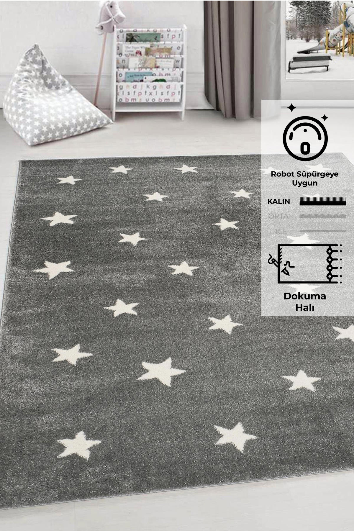 Odeon Halı Gri 16 mm Polipropilen Yıkanabilir Kalın Kaymaz Polyester Taban Dikdörtgen El Dokuması Çocuk Odası Halısı 100x300 cm