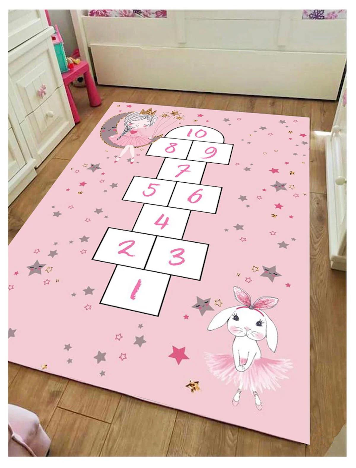 Sty Home Pembe 0.8 mm Polyester Toz Tutmaz Yıkanabilir İnce Kaymaz Lateks Taban Dikdörtgen Makine Dokuma Çocuk Odası Halısı 180x180 cm