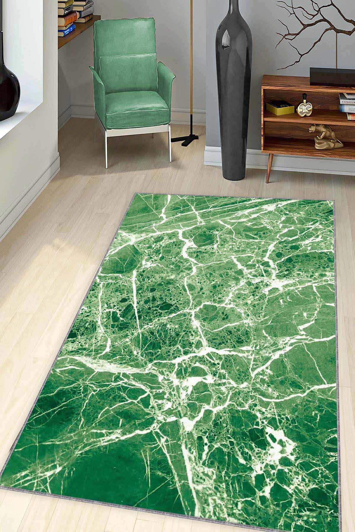 Viva Home MER03 Yeşil 7 mm Mikropolyester Yalıtıma Yardımcı Yıkanabilir İnce Kaymaz Taban Dikdörtgen Makine Dokuma Antre-Salon-Yatak Odası Halısı 160x230 cm