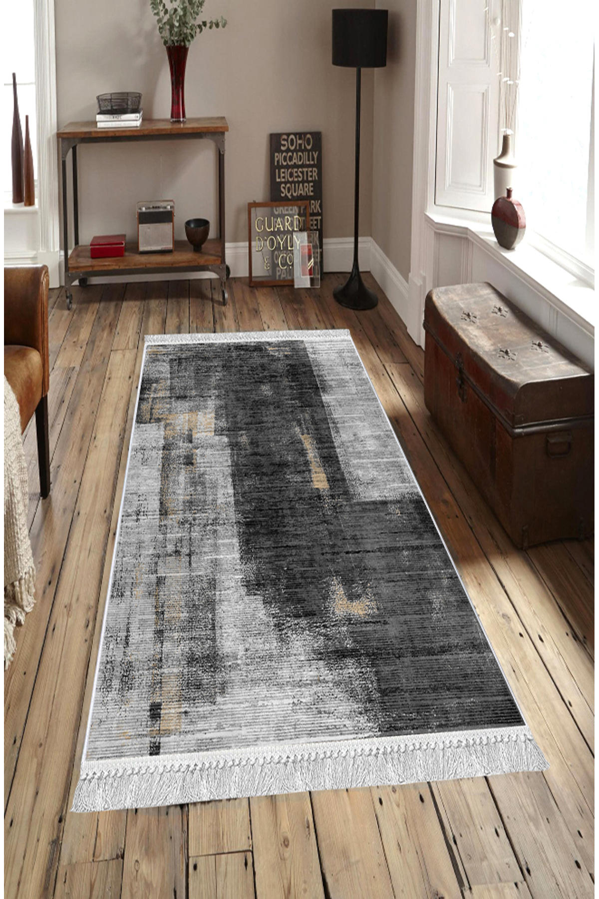Artizon ART123 Antrasit 0.8 mm Polyester Toz Tutmaz Yıkanabilir İnce Kaymaz Dot Taban Dikdörtgen Makine Dokuma Salon Halısı 240x300 cm