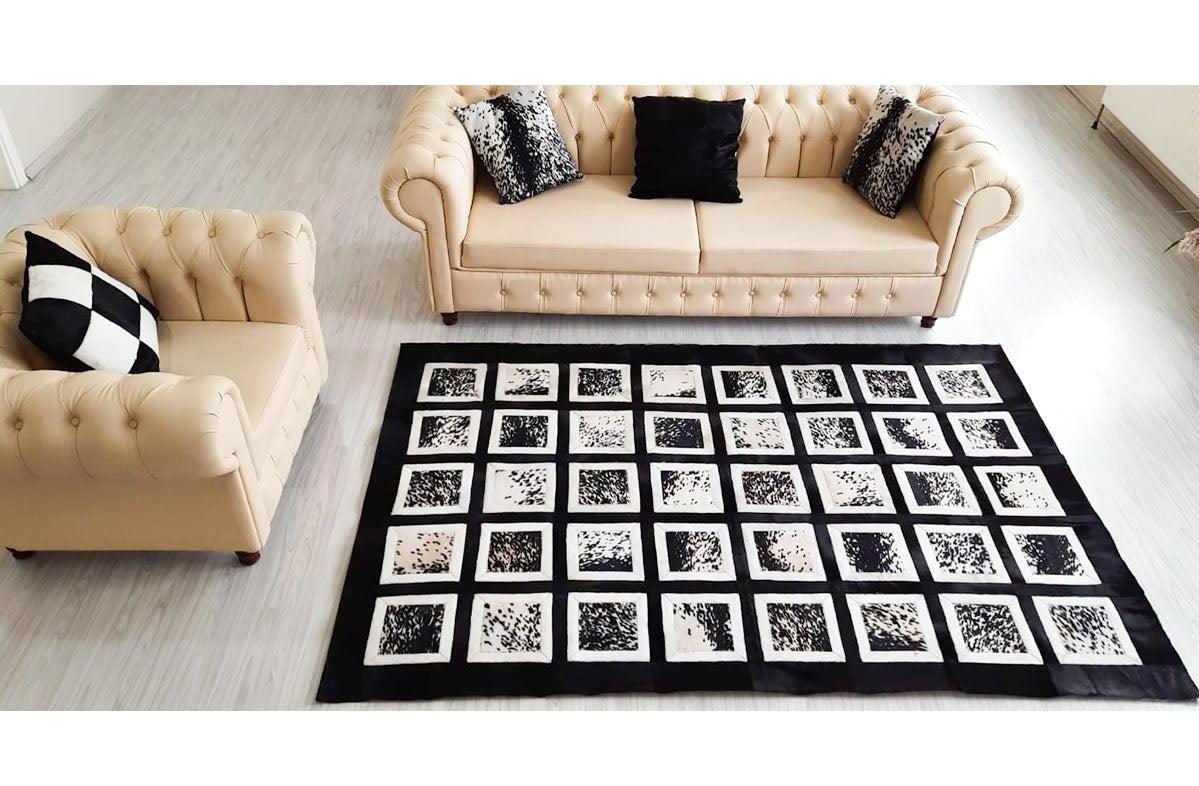 Leatinn Siyah Deri Antibakteriyel Yıkanabilir Kaymaz Deri Taban Geometrik Dikdörtgen El Dokuması Salon Halısı 140x200 cm