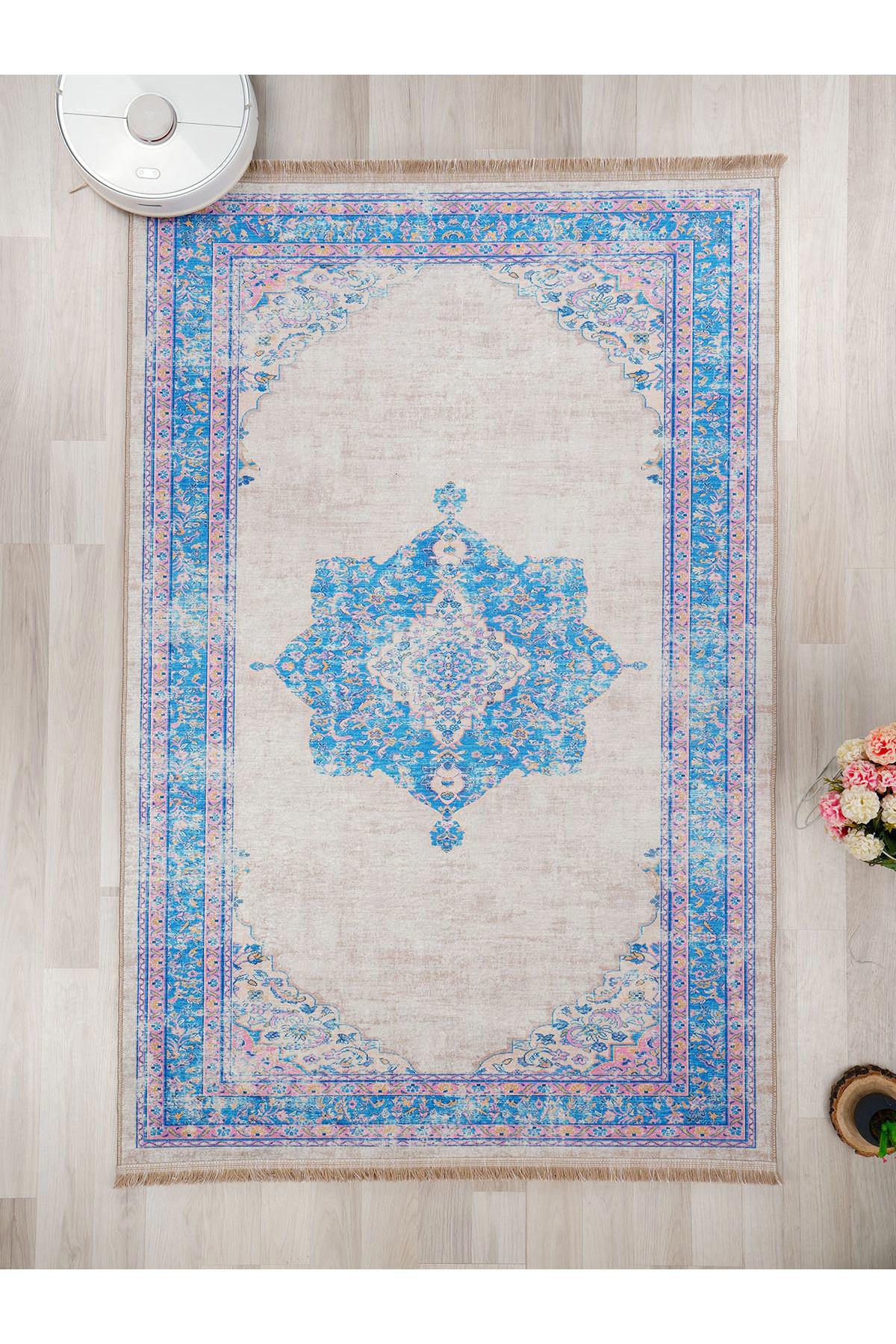 İnspira Bej - Mavi 12 mm Polyester Antibakteriyel-Leke Tutmaz-Toz Tutmaz Yıkanabilir Orta Kaymaz Dot Taban Dikdörtgen Makine Dokuma Oturma Odası-Salon Halısı 100x300 cm