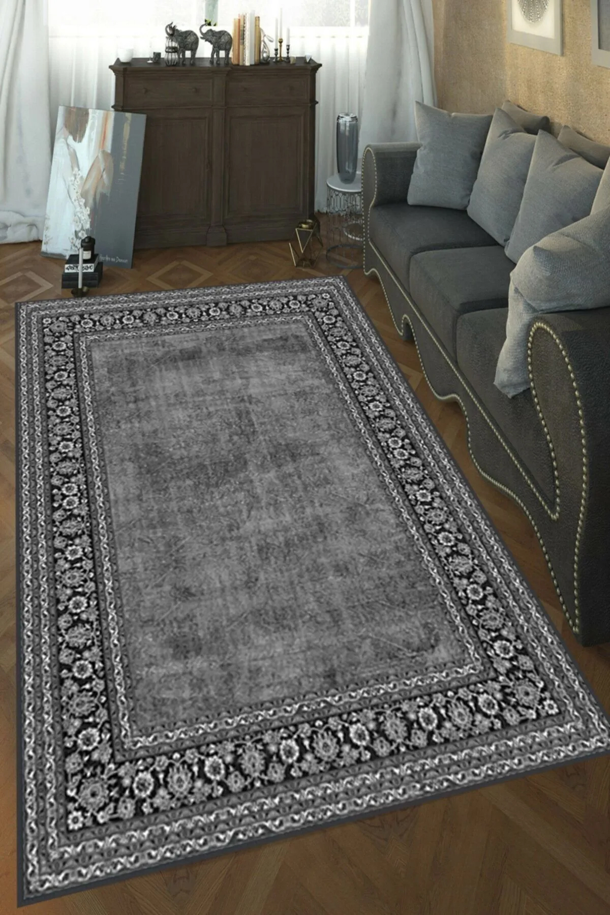 Rovigo Home RVG1330-HT127 Gri 8 mm Polyester Leke Tutmaz-Toz Tutmaz Yıkanabilir İnce Kaymaz Dot Taban Dikdörtgen Makine Dokuma Salon Halısı 50x80 cm