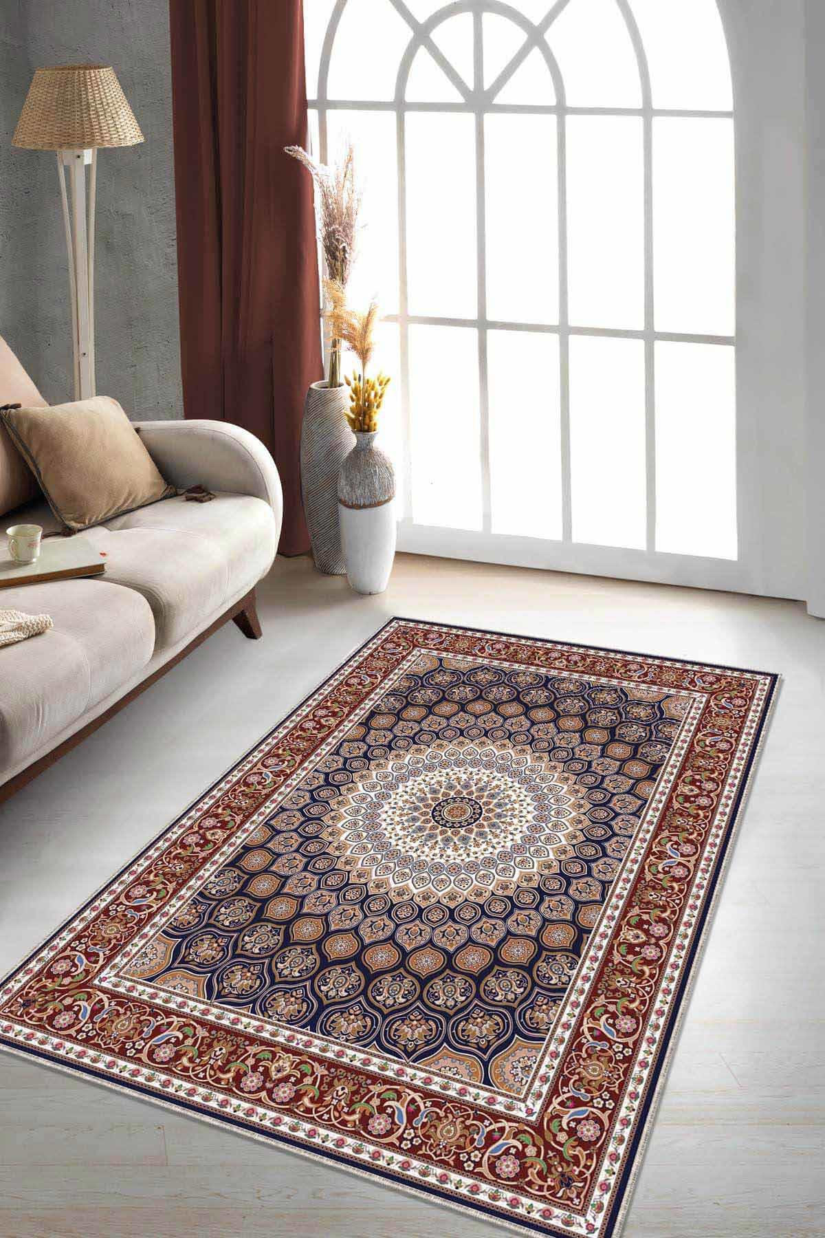 Viva Home RV284 Bordo-Lacivert 7 mm Mikropolyester Leke tutmaz Yıkanabilir İnce Kaymaz Dot Taban Dikdörtgen Makine Dokuma Salon Halısı 80x150 cm