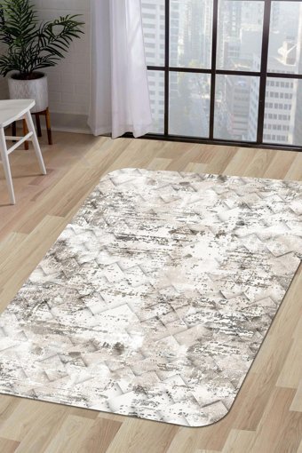 Dijidekor K1280 Bej-Gri 6 mm Polyester Antibakteriyel Yıkanabilir Orta Kaymaz Dot Taban Dikdörtgen Makine Dokuma Salon Halısı 160x230 cm
