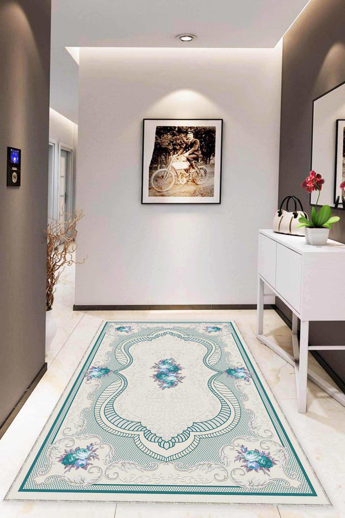 Viva Home MK39 Beyaz-Turkuaz 7 mm Mikropolyester Koku Yapmaz-Leke Tutmaz-Toz Tutmaz Yıkanabilir İnce Kaymaz Dot Taban Dikdörtgen Makine Dokuma Antre-Oturma Odası-Salon-Yatak Odası Halısı 120x300 cm