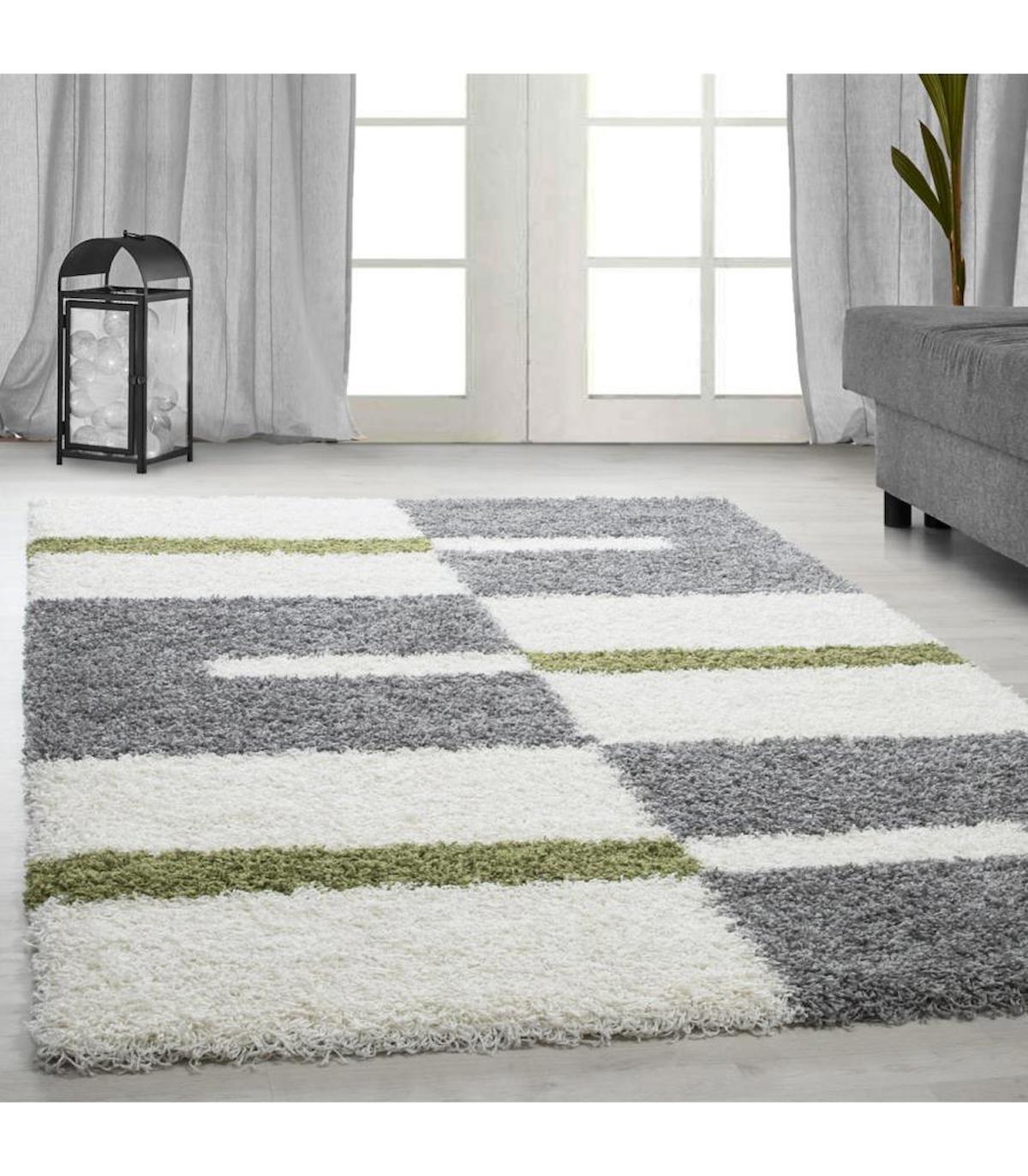Carpettex Krem - Yeşil 30 mm Polipropilen Antialerjenik Yıkanabilir Kalın Kaymaz Jüt Taban Dikdörtgen Makine Dokuma Salon Halısı 80x150 cm