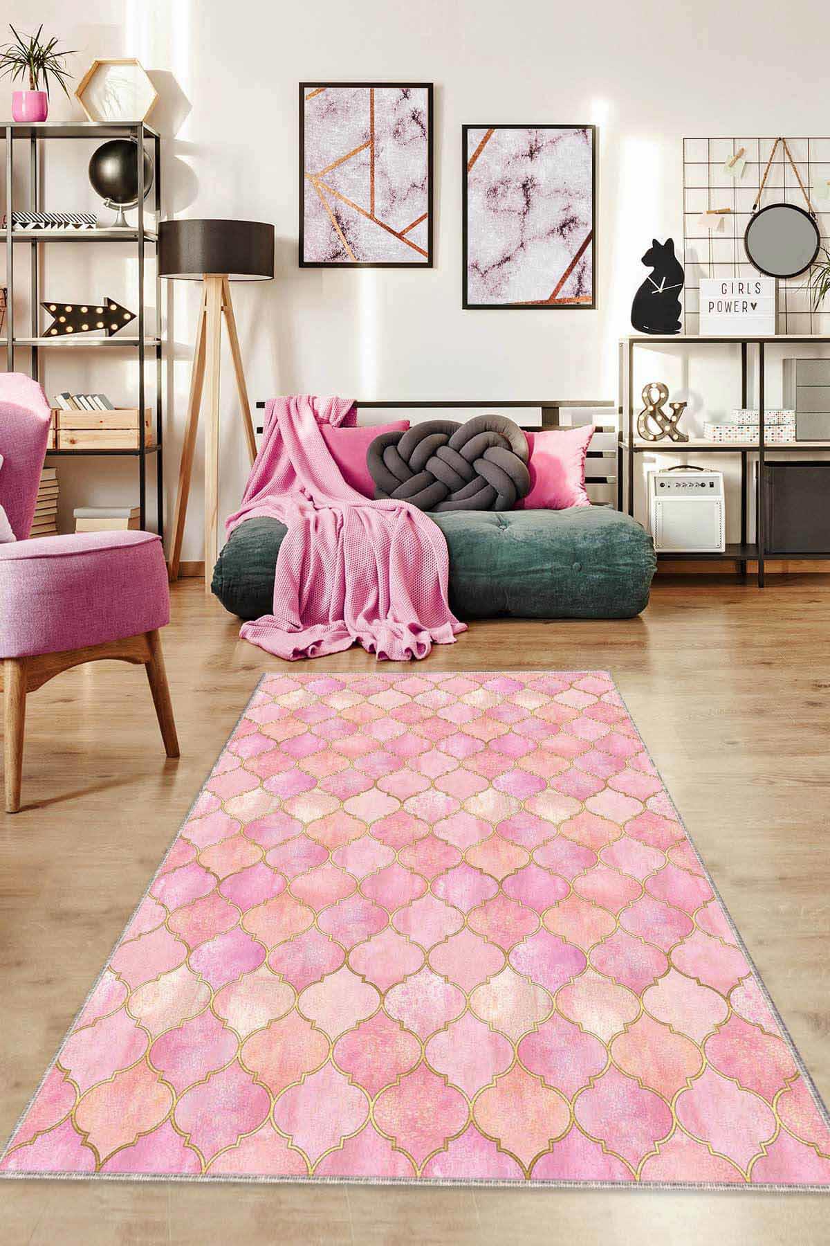 Viva Home RV159 Pembe 7 mm Mikropolyester Antibakteriyel Yıkanabilir İnce Kaymaz Dot Taban Dikdörtgen Makine Dokuma Salon Halısı 140x200 cm