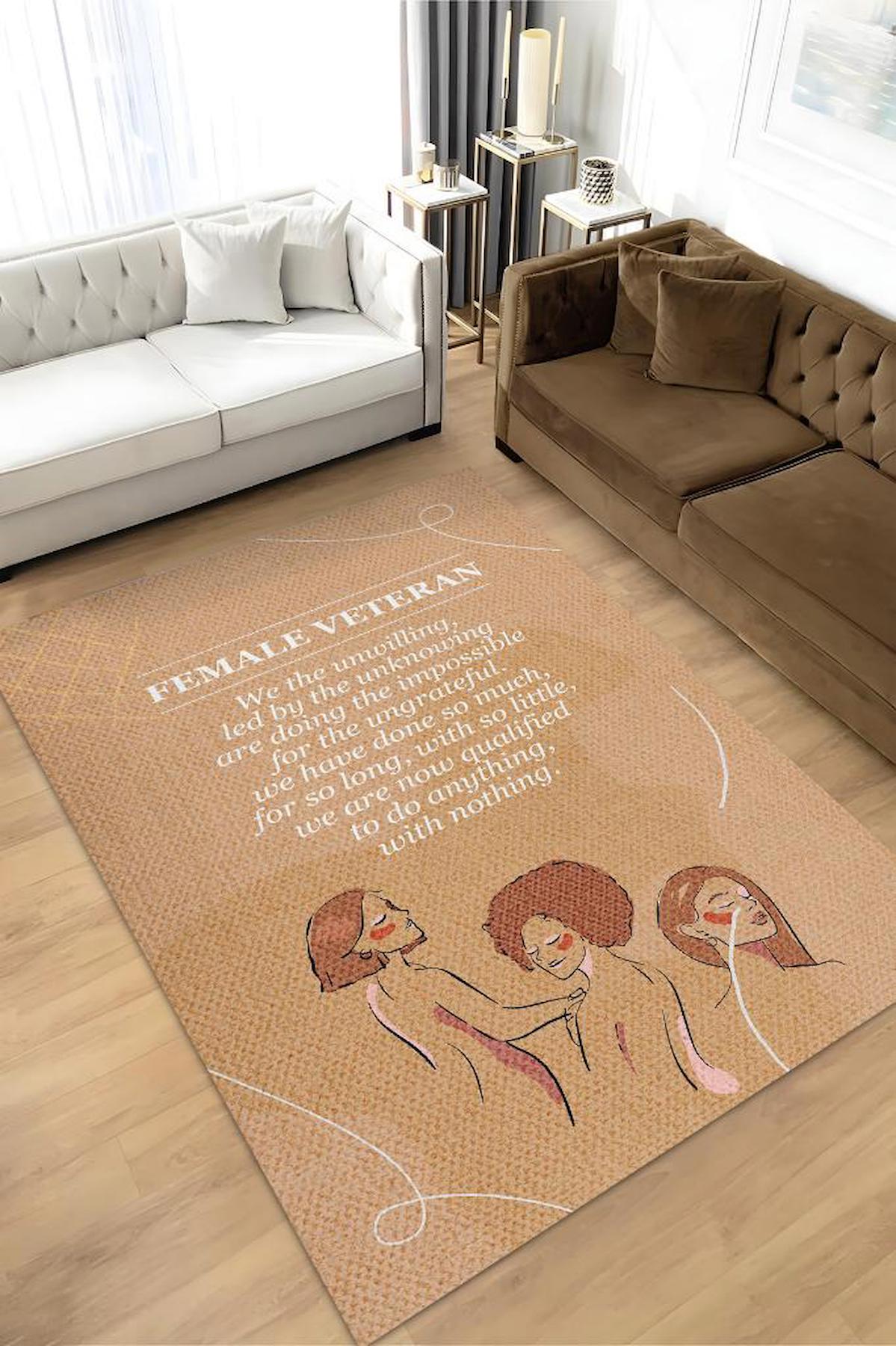Homshtag Biz Kıdemliyiz Kahverengi 4 mm Pamuk Antistatik Yıkanabilir İnce Kaymaz Dikdörtgen Makine Dokuma Salon Halısı 80x200 cm