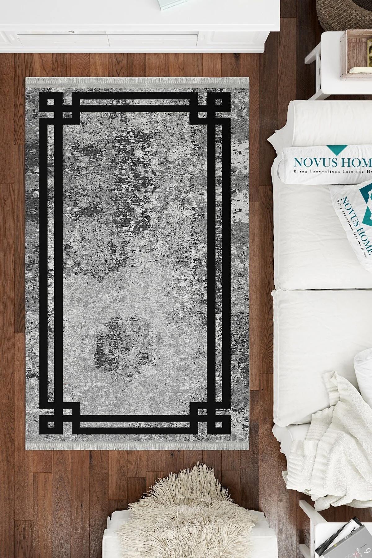 Novus Home Cotton Serisi Gri-Siyah 5 mm Pamuk Antibakteriyel-Toz Tutmaz-Yalıtıma Yardımcı Yıkanabilir İnce Kaymaz Taban Dikdörtgen Makine Dokuma Antre-Salon-Yatak Odası Halısı 100x150 cm