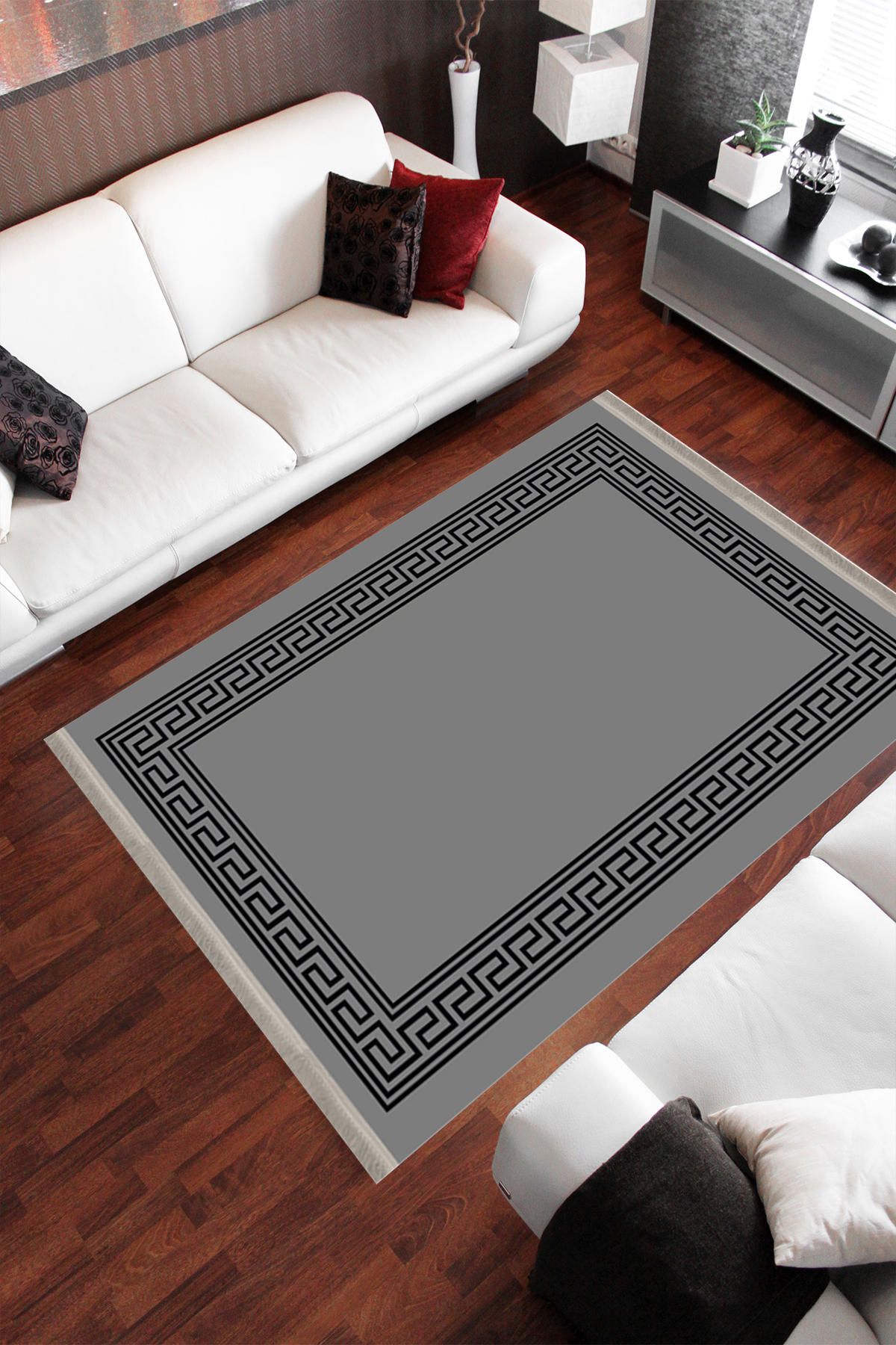 Homier Collection H-KS-3098A Gri-Siyah 7 mm Pamuk Antibakteriyel Yıkanabilir Orta Kaymaz Dot Taban Dikdörtgen Makine Dokuma Salon Halısı 100x150 cm