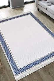 Royal Halı Voila ZQ03C Bej - Mavi 6 mm Viskon Antibakteriyel Yıkanabilir Kalın Kaymaz Lateks Taban Dikdörtgen Makine Dokuma Salon Halısı 120x180 cm