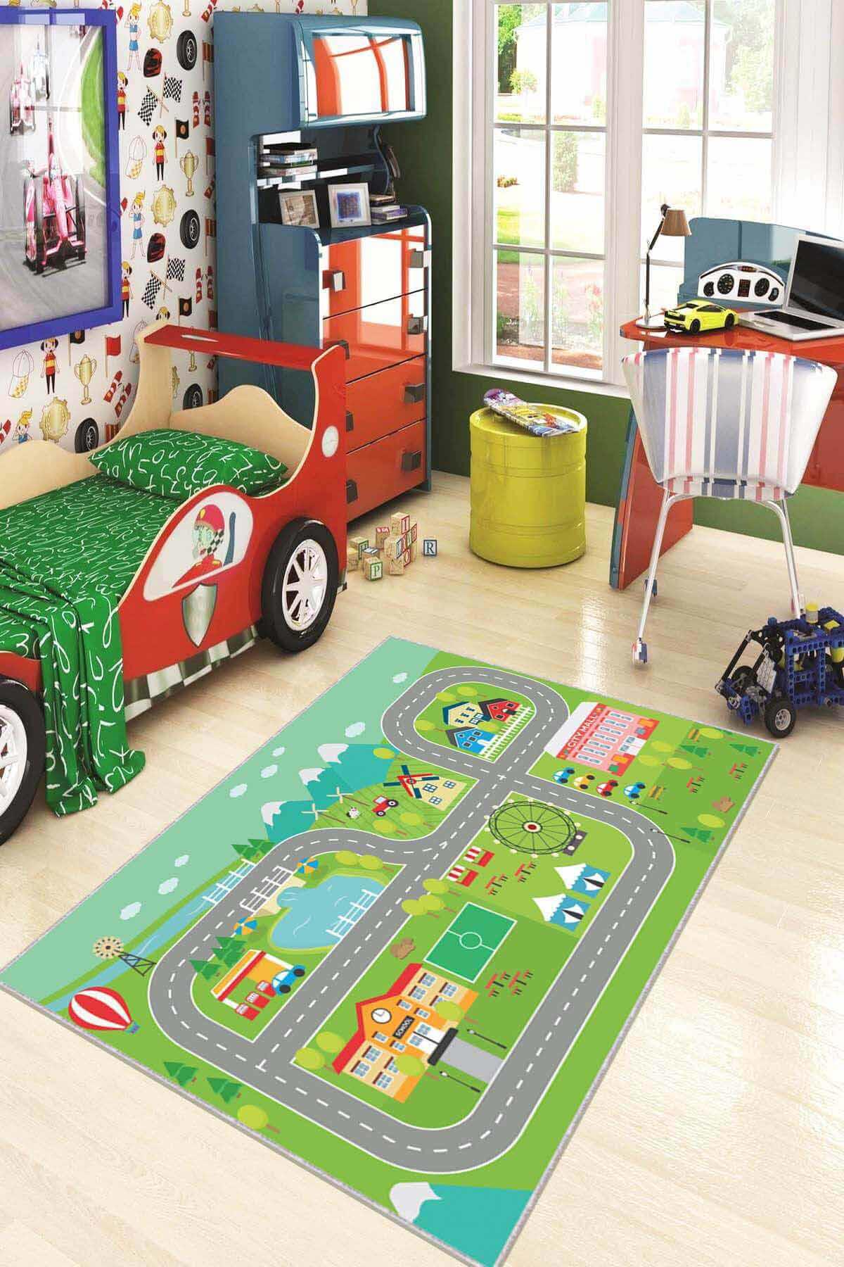 Viva Home AR023 Yeşil 7 mm Mikropolyester Toz Tutmaz Yıkanabilir İnce Kaymaz Taban Dikdörtgen Makine Dokuma Çocuk Odası Halısı 80x300 cm