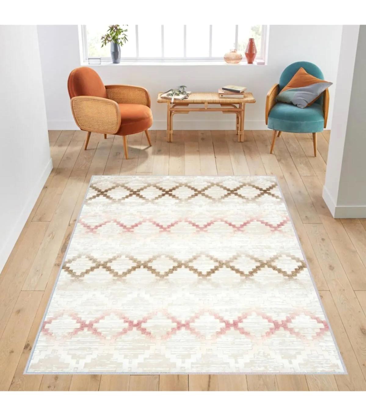 Rovigo Home RVG1774 Krem 8 mm Polyester Antibakteriyel-Leke Tutmaz-Toz Tutmaz Yıkanabilir İnce Kaymaz Dot Taban Dikdörtgen Makine Dokuma Salon Halısı 160x300 cm