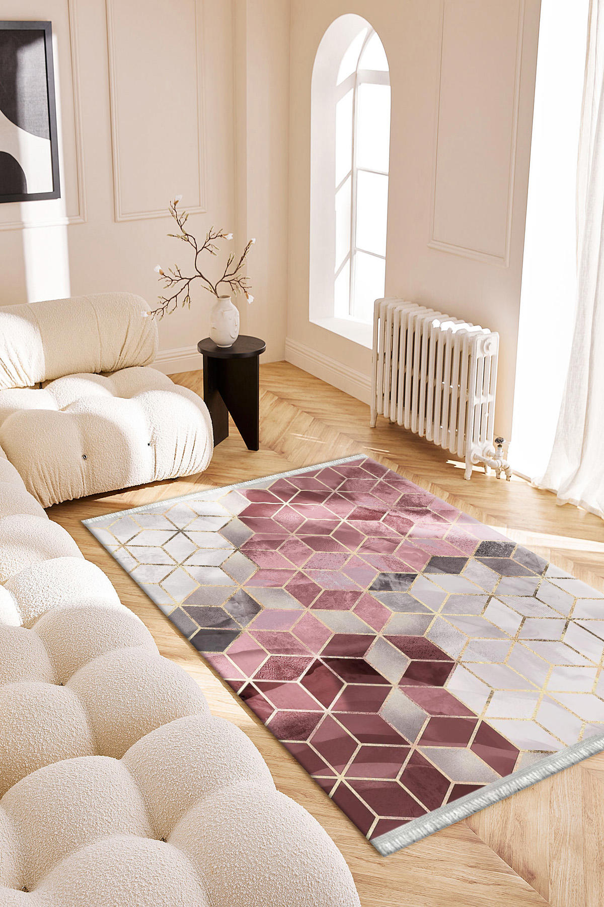 Roslyn Home Lila - Mor 6 mm Polyester Toz Tutmaz Yıkanabilir İnce Kaymaz Dot Taban Dikdörtgen Makine Dokuma Salon Halısı 120x200 cm