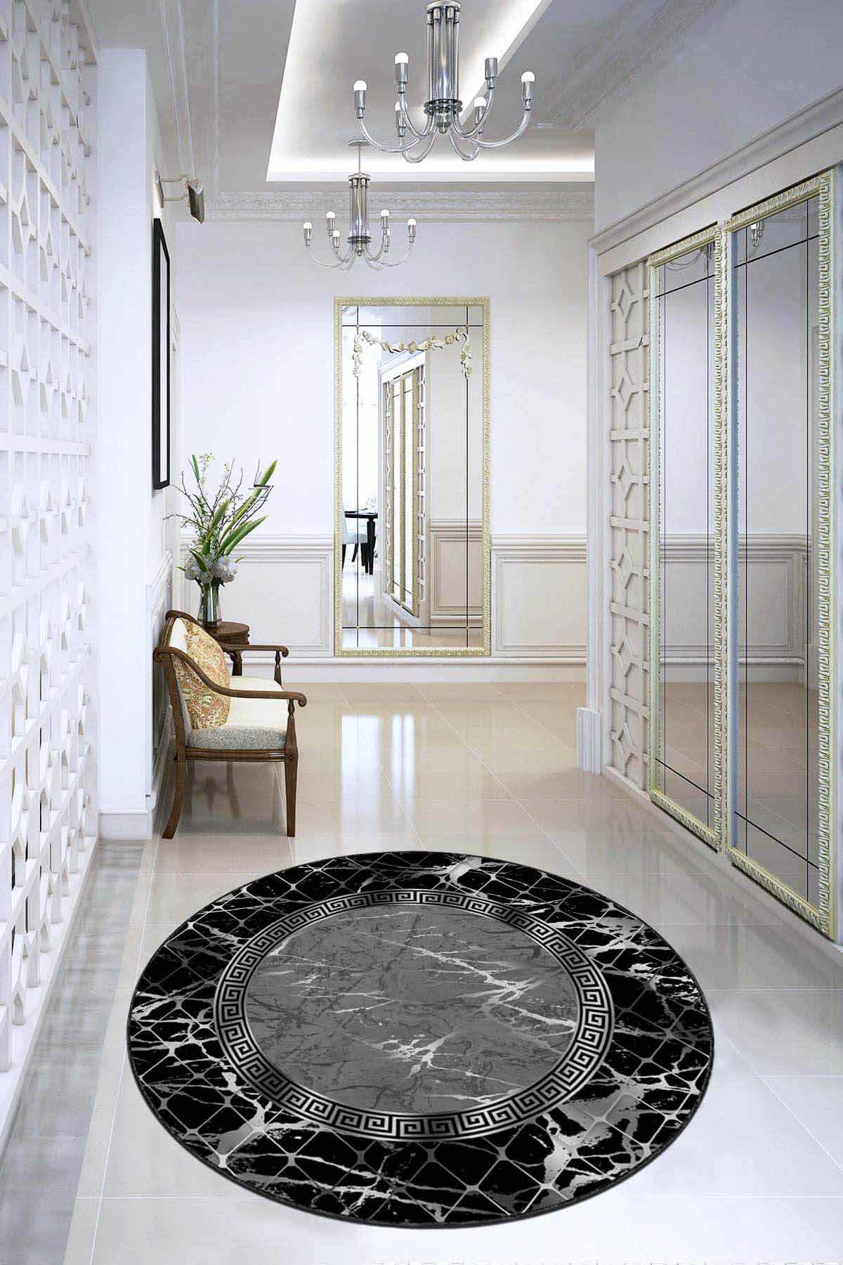 Viva Home AR947 Siyah 7 mm Mikropolyester Antibakteriyel Yıkanabilir Kalın Kaymaz Lateks Taban Yuvarlak Makine Dokuma Salon Halısı 100x200 cm