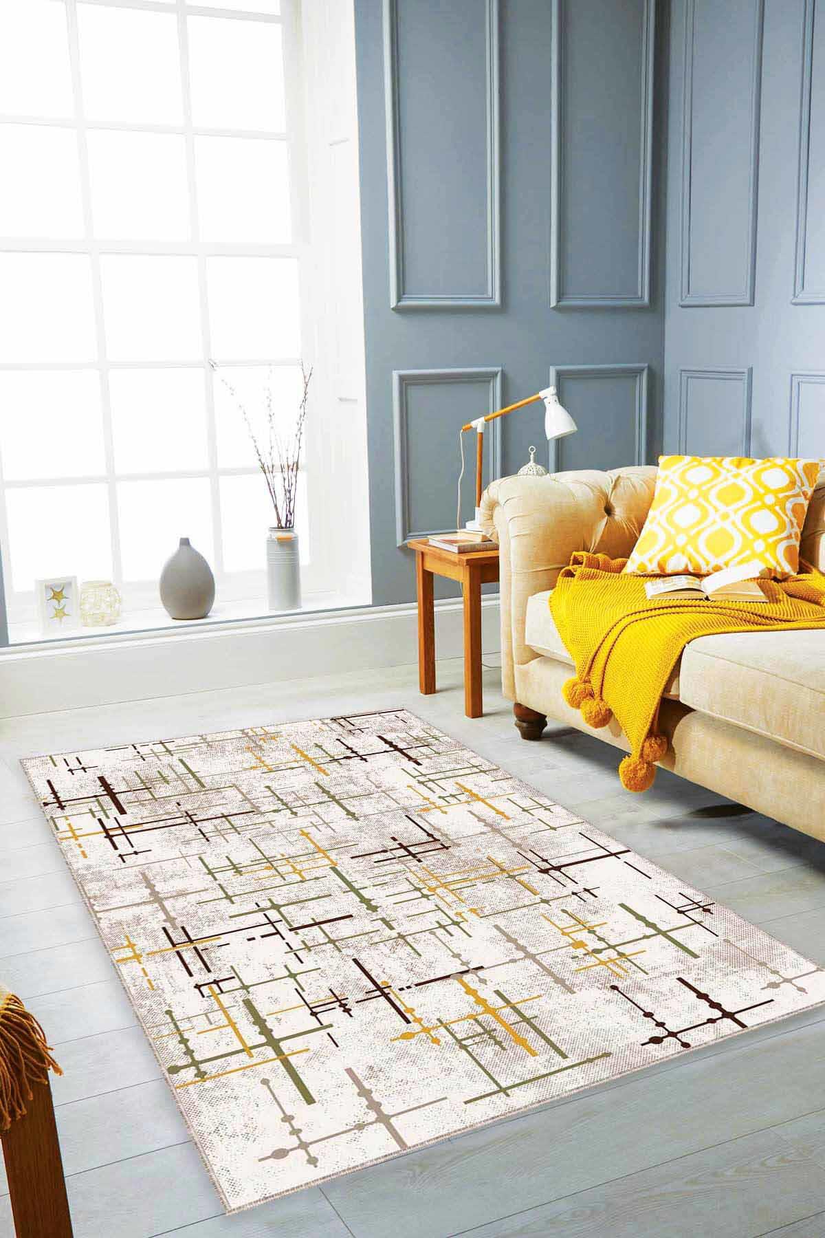 Viva Home MN05 Sarı-Yeşil 7 mm Mikropolyester Yalıtıma Yardımcı Yıkanabilir İnce Kaymaz Taban Dikdörtgen Makine Dokuma Antre-Salon-Yatak Odası Halısı 180x180 cm