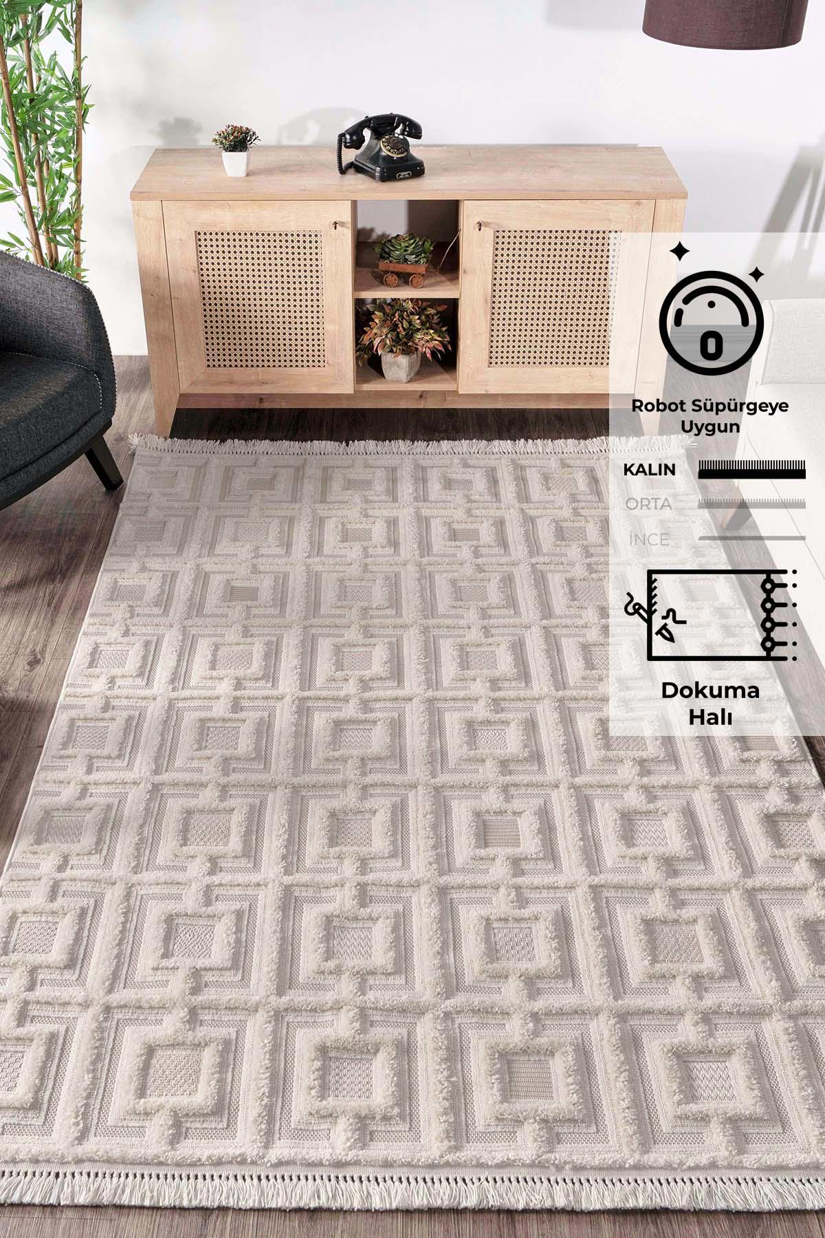 Konfor Halı Bukle 6658 Krem 20 mm Polyester Yıkanabilir Dikdörtgen Makine Dokuma Halı 180x180 cm