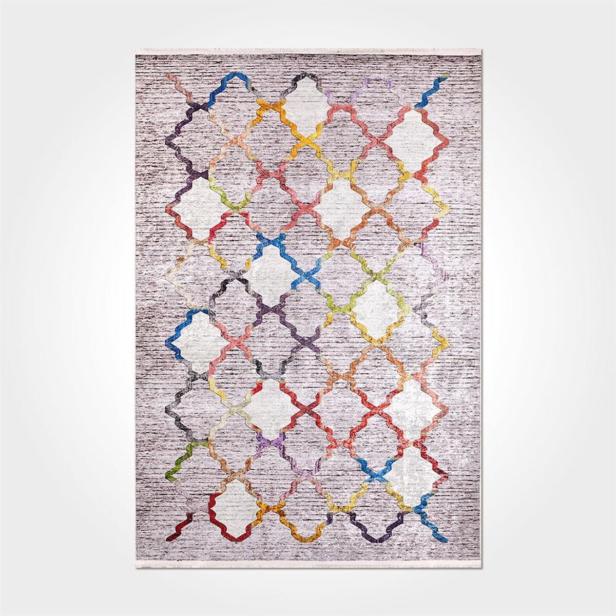 Crea Halı 2091PC Gri Pamuk-Polyester Yıkanabilir İnce Kaymaz Pamuk Taban Dikdörtgen Makine Dokuma Salon Halısı 100x150 cm