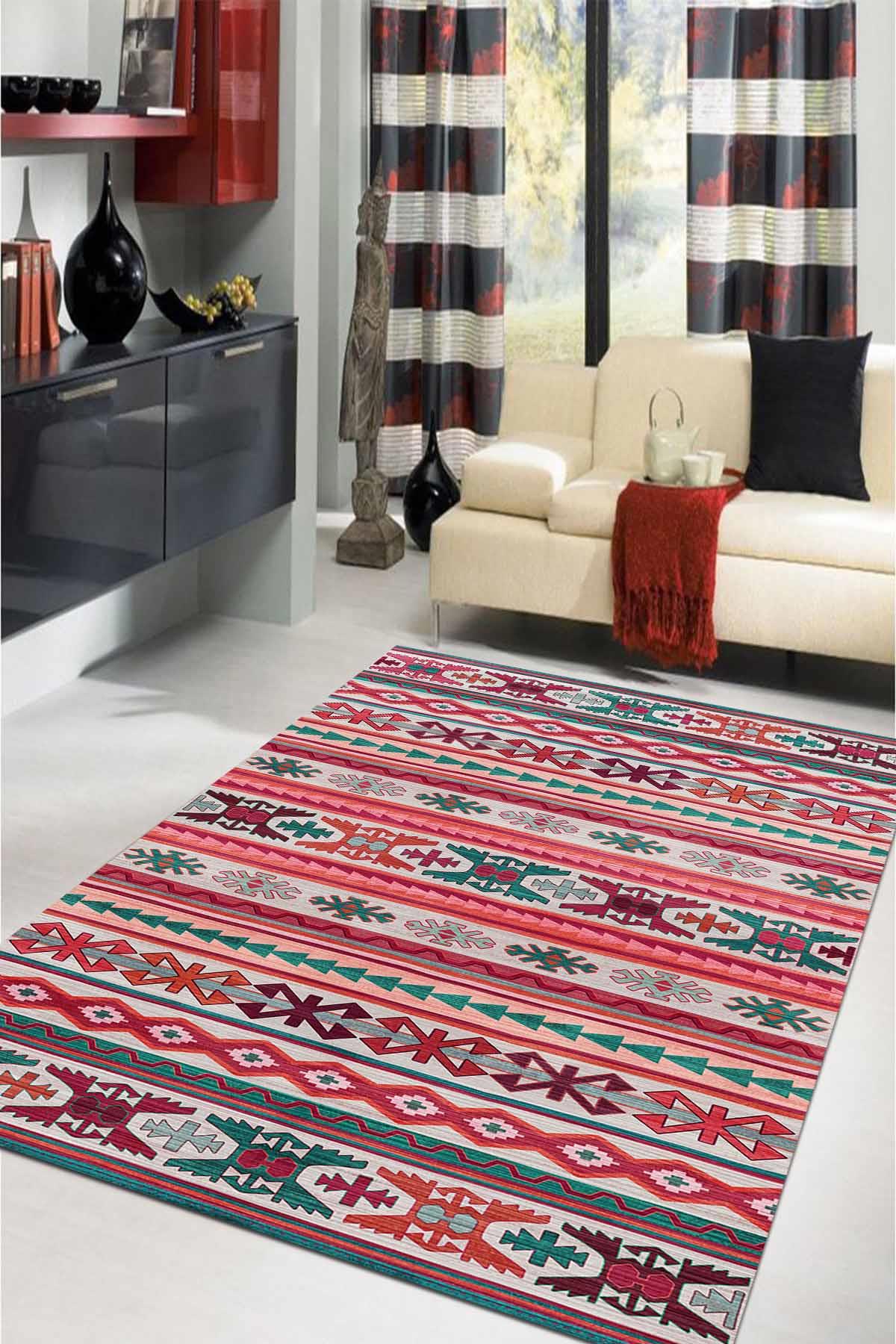 Aida Home Enzio Çok Renkli 0.5 mm Pamuk Antibakteriyel Yıkanabilir Orta Kaymaz Dikdörtgen Makine Dokuma Salon Halısı 100x300 cm